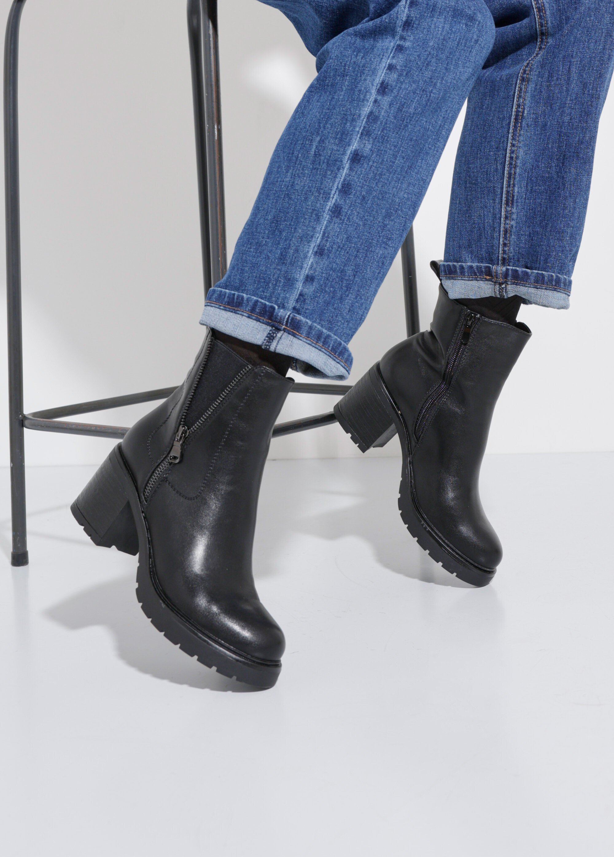Boots à talon semelle crantée et zips Femme Noir LBSDQY8982 SF1