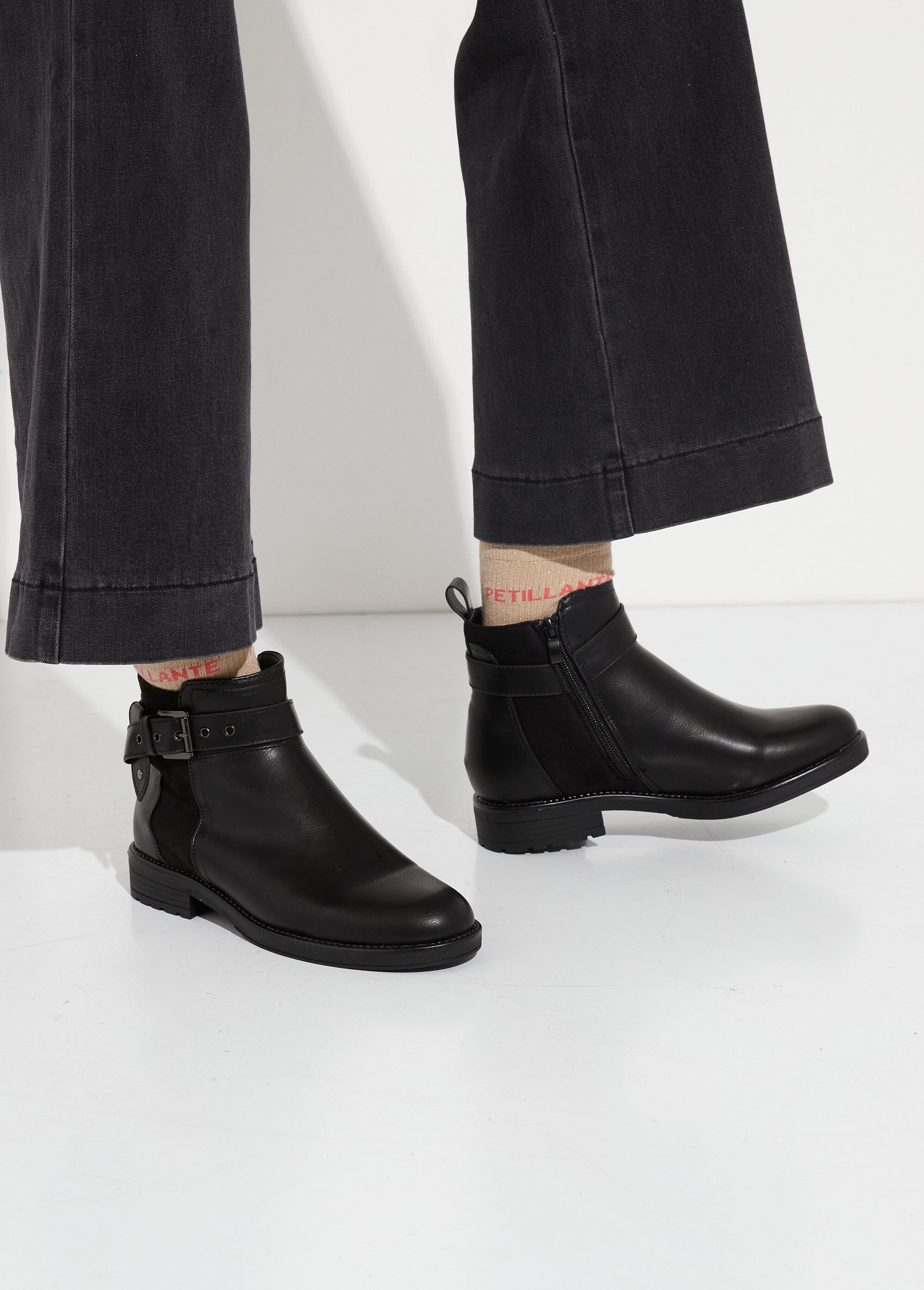 Boots bi matière avec bride cheville Femme Noir JPTDF-5121 SF1