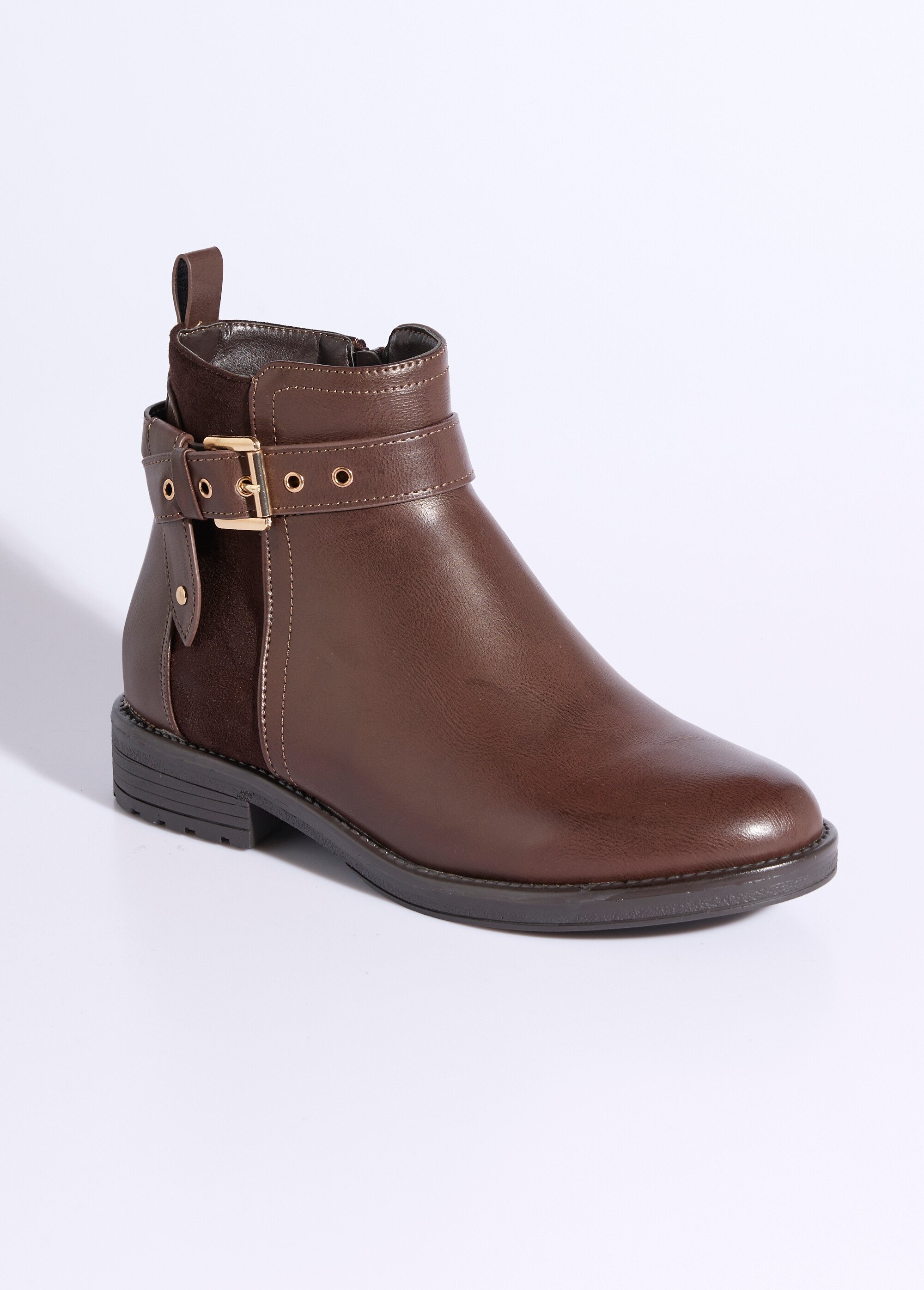 Boots bi matière avec bride cheville Femme Marron JPTDF-5121 FA1