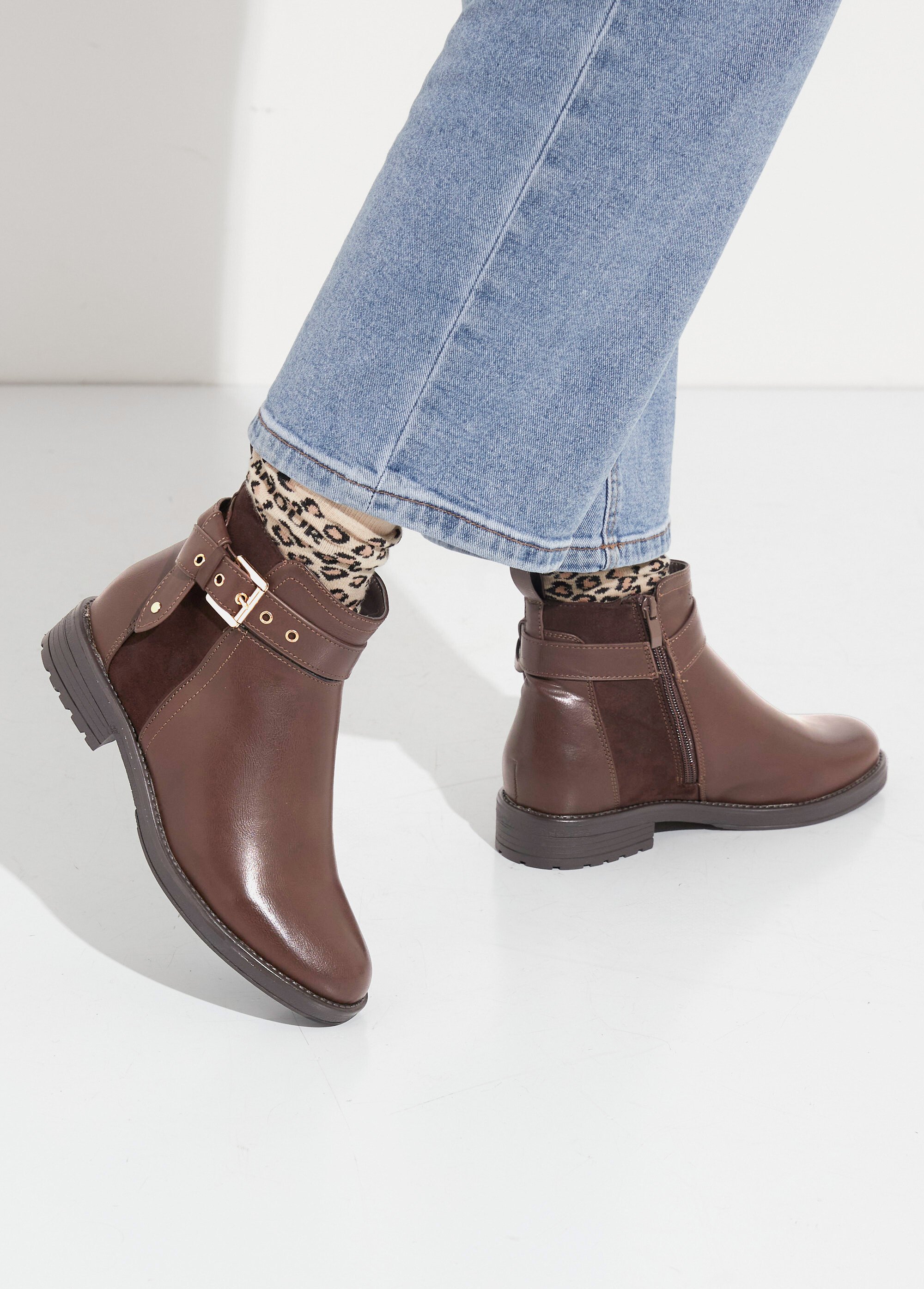 Boots bi matière avec bride cheville Femme Marron JPTDF-5121 SF1