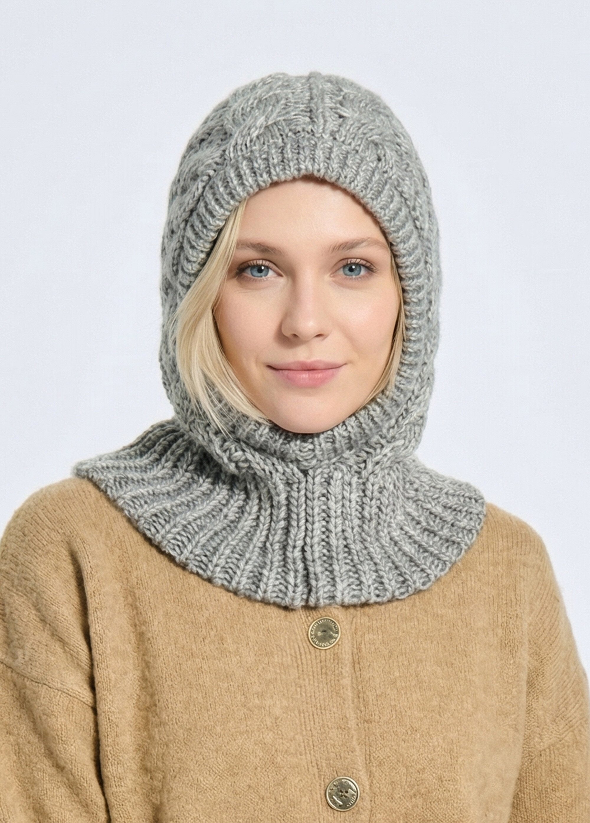 Cagoule chaude en maille tressée chinée