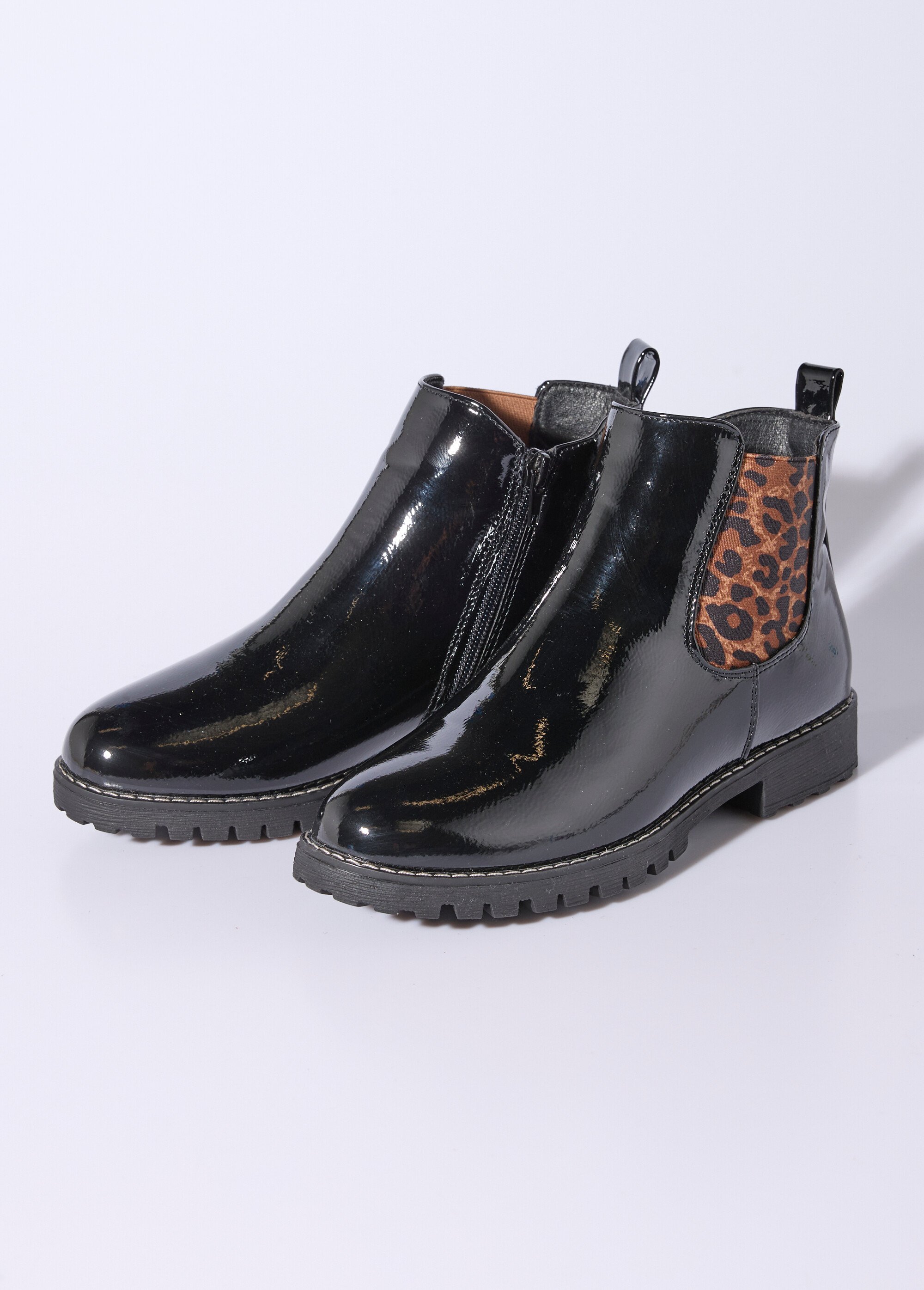 Chelsea boots vernies élastiques léopard Femme Noir JPTDF-5311 DE1