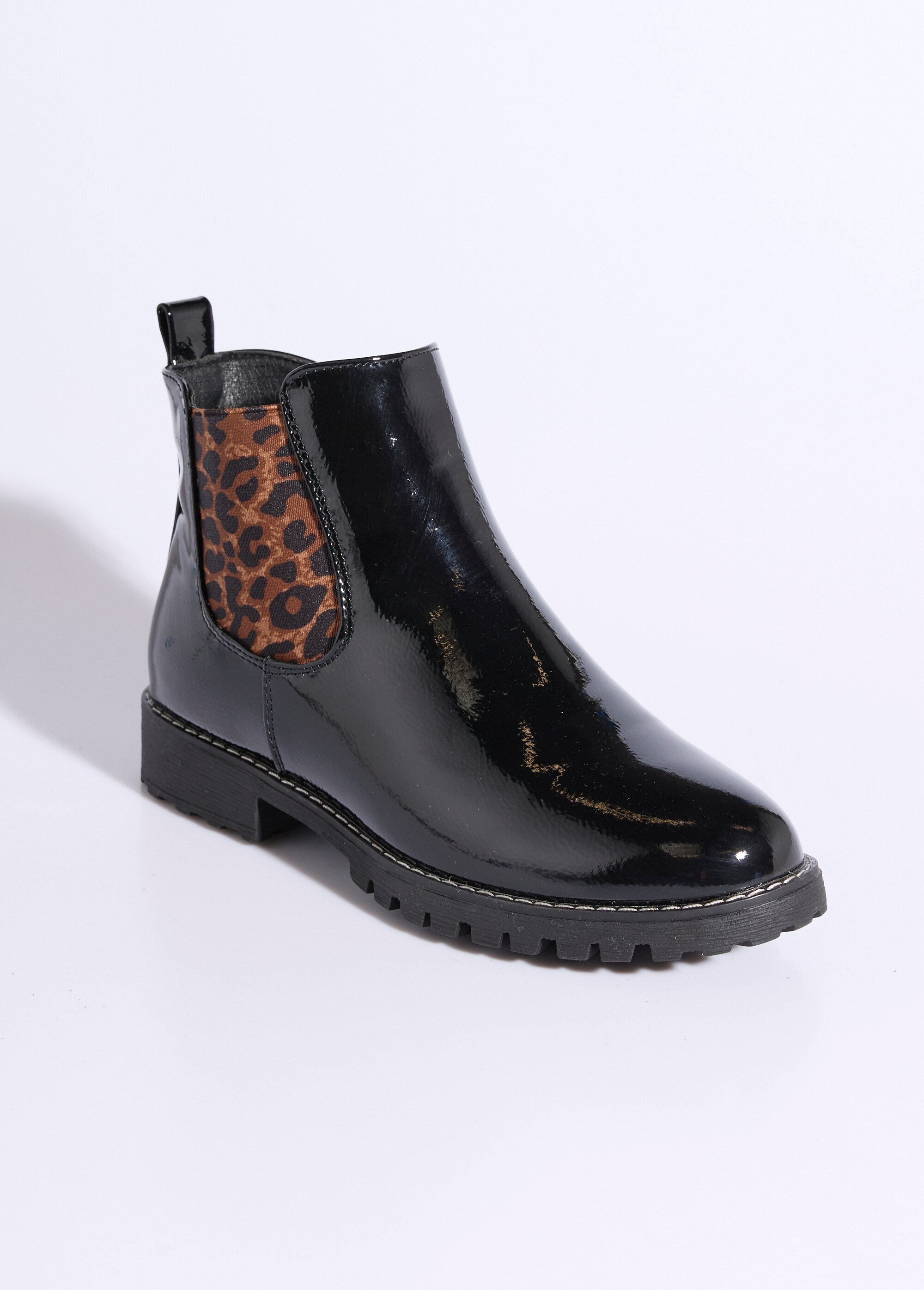 Chelsea boots vernies élastiques léopard Femme Noir JPTDF-5311 FA1