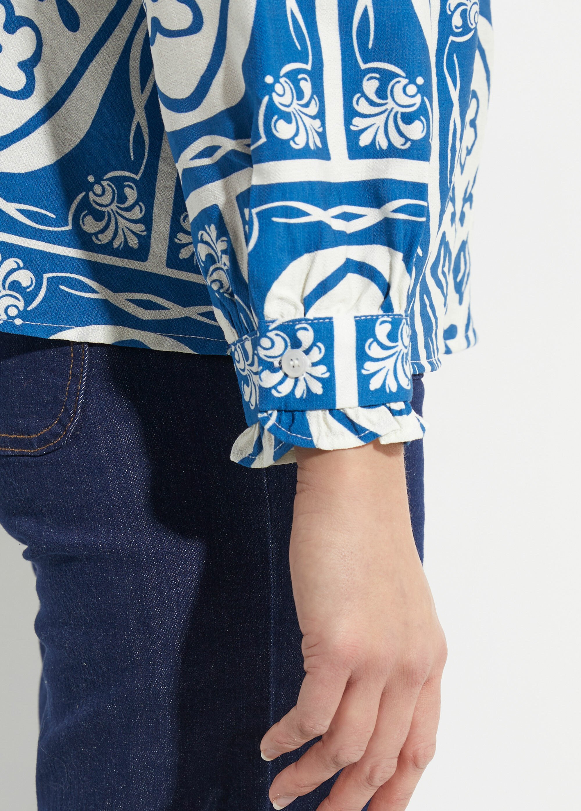 Chemisier col claudine, motif fantaisie Femme Bleu IA-R6227 DE2