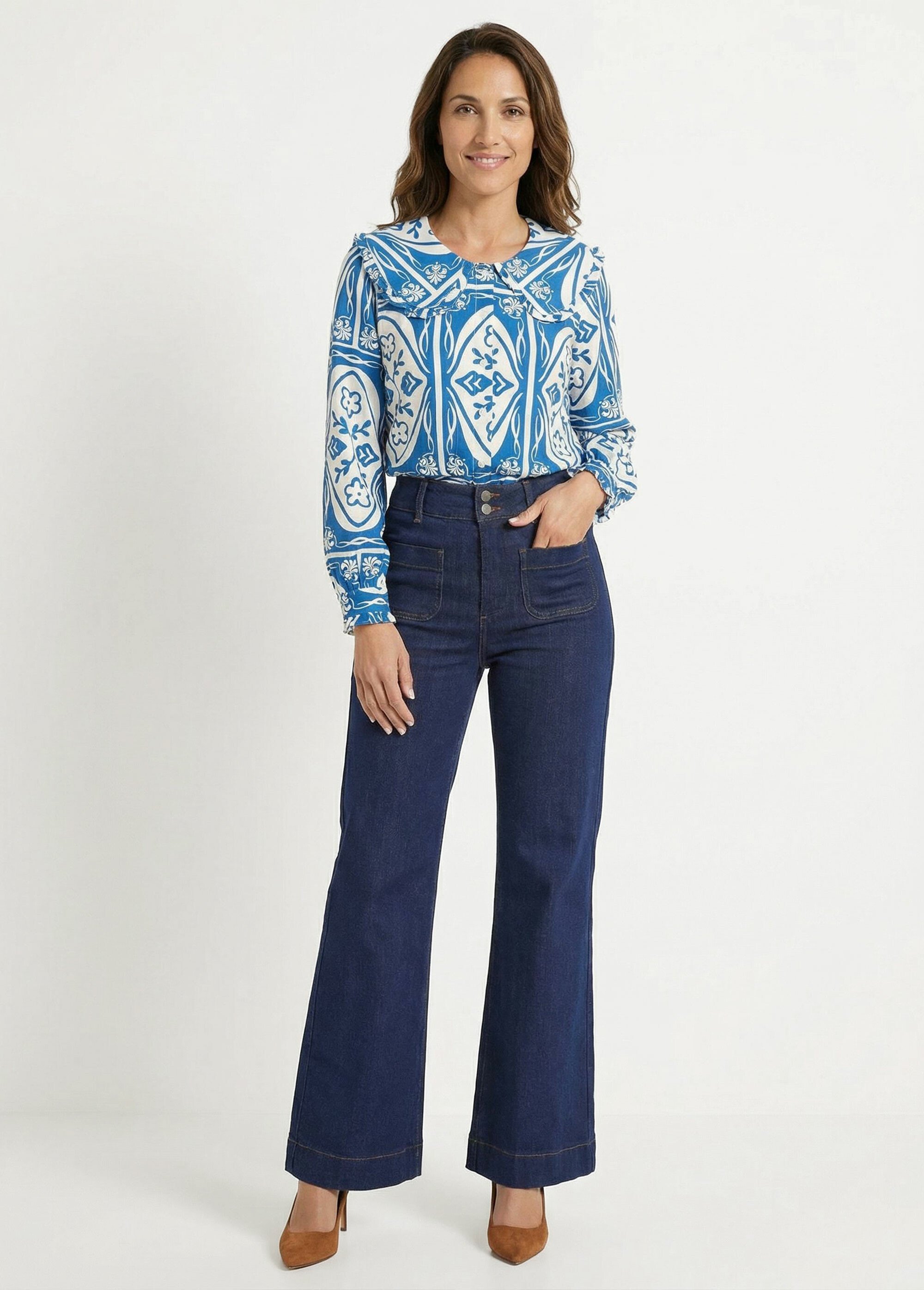 Chemisier col claudine, motif fantaisie Femme Bleu IA-R6227 SF1