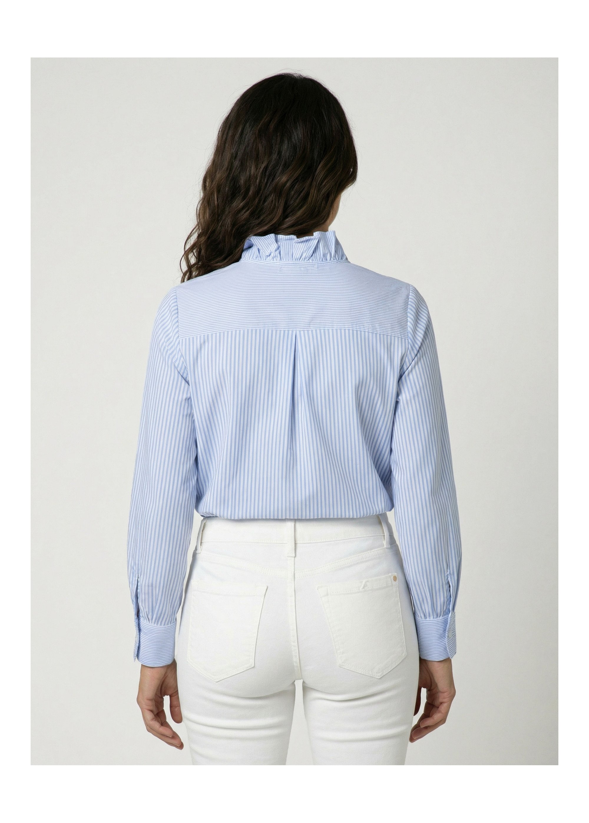 Chemisier rayé plissé avec col montant Femme Bleu IA-T041 DO1