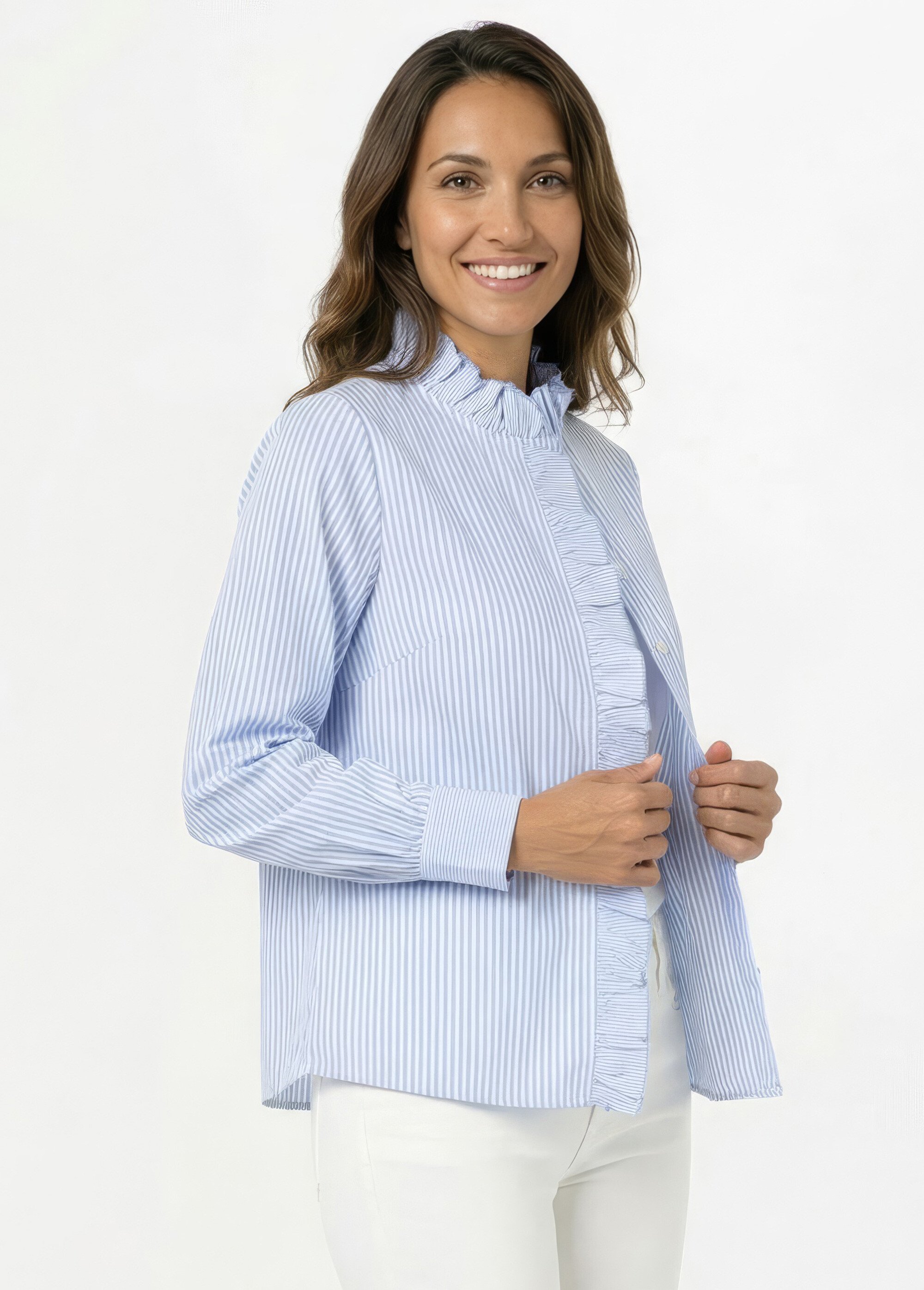 Chemisier rayé plissé avec col montant Femme Bleu IA-T041 MV1