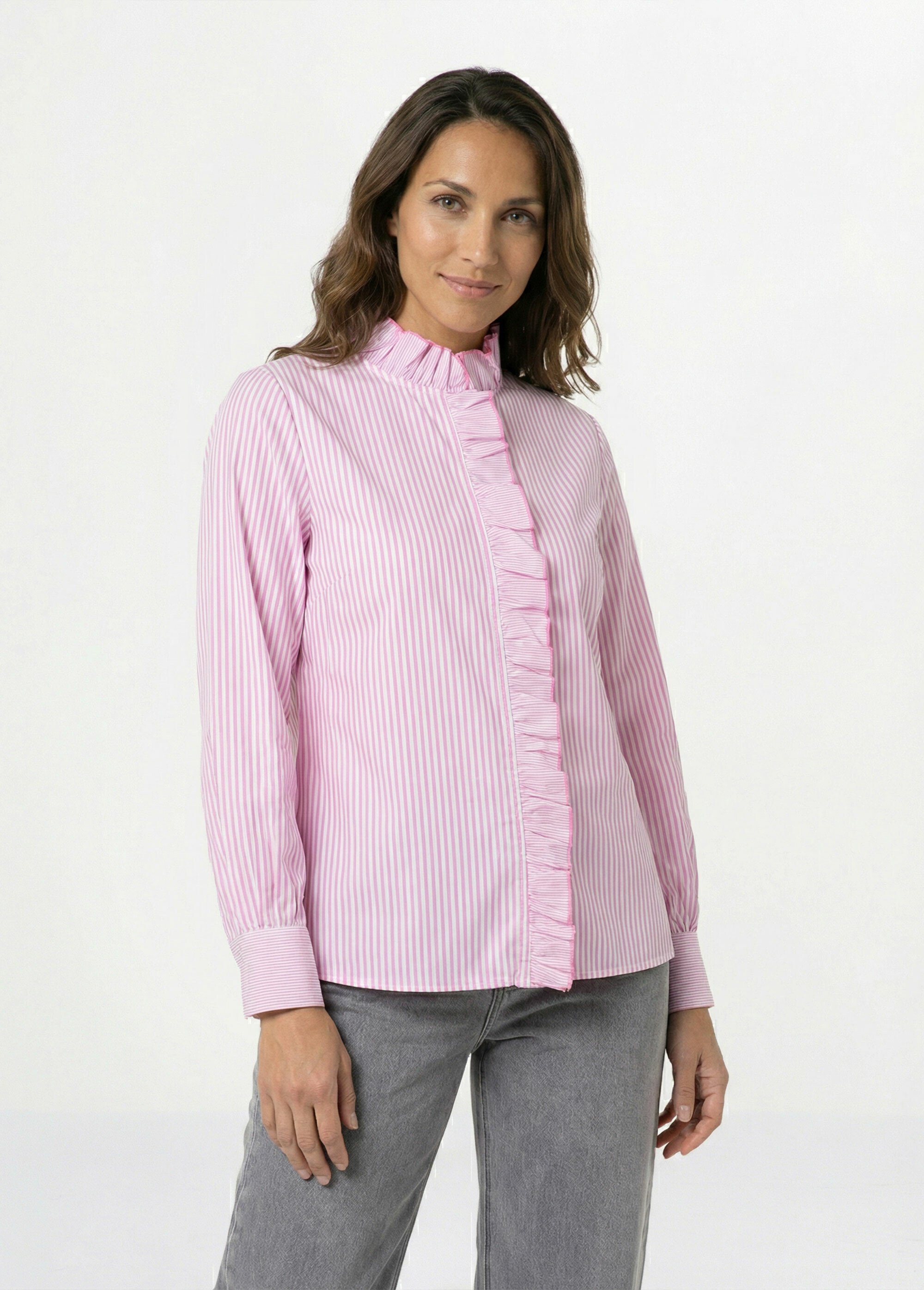 Chemisier rayé plissé avec col montant Femme Rose IA-T041 FA1