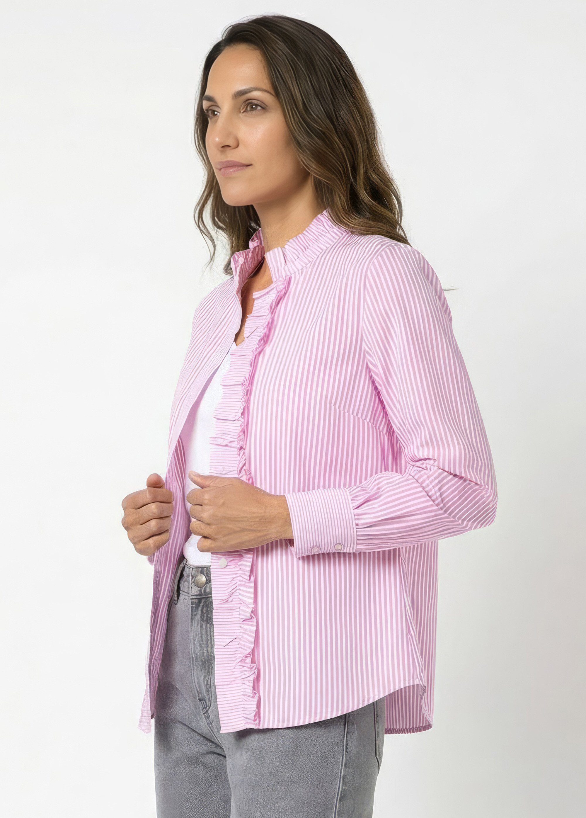 Chemisier rayé plissé avec col montant Femme Rose IA-T041 MV1