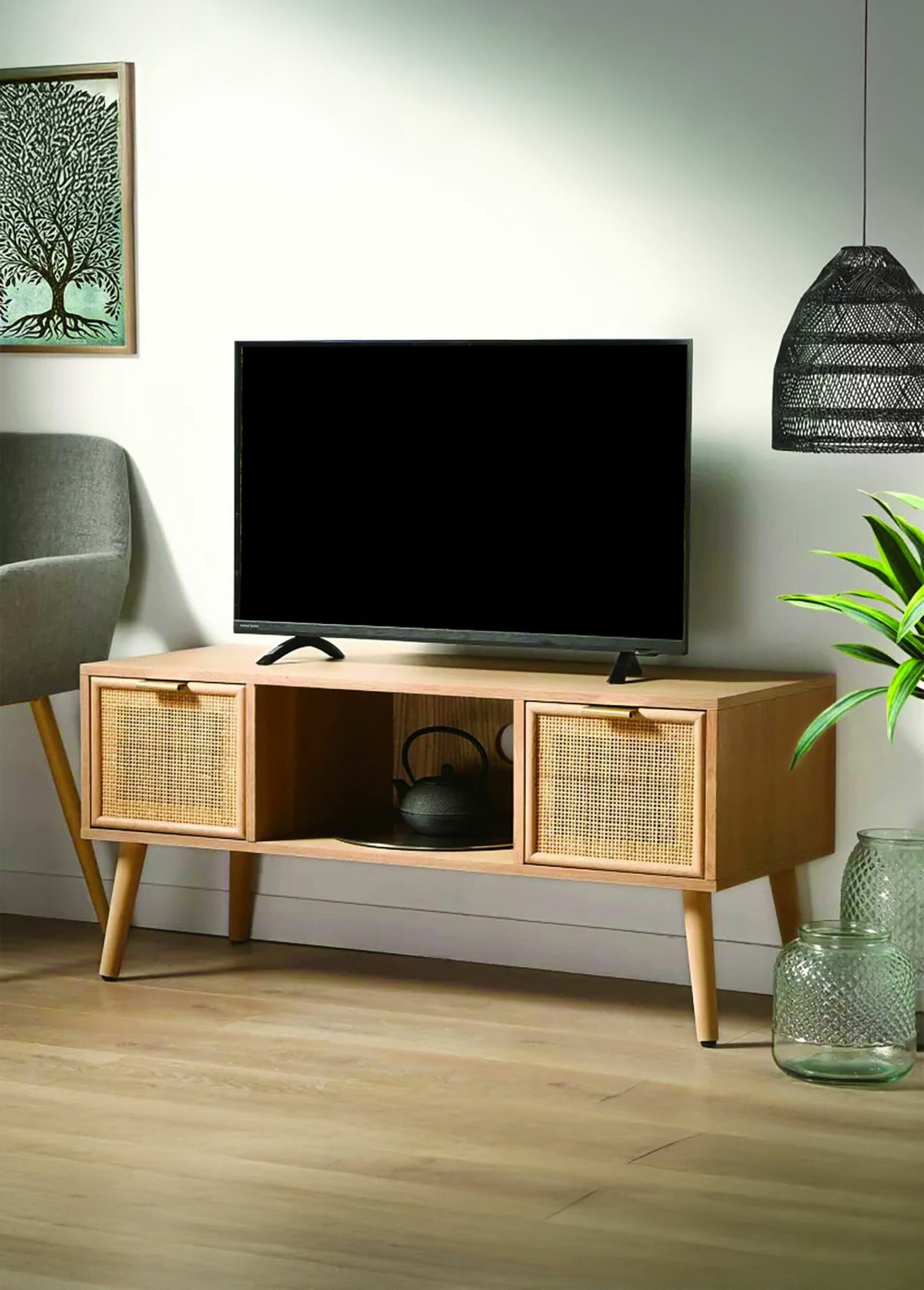 MIYA Meuble TV 2 tiroirs, tramé cannage BEIGE CAL-13085133 SI1
