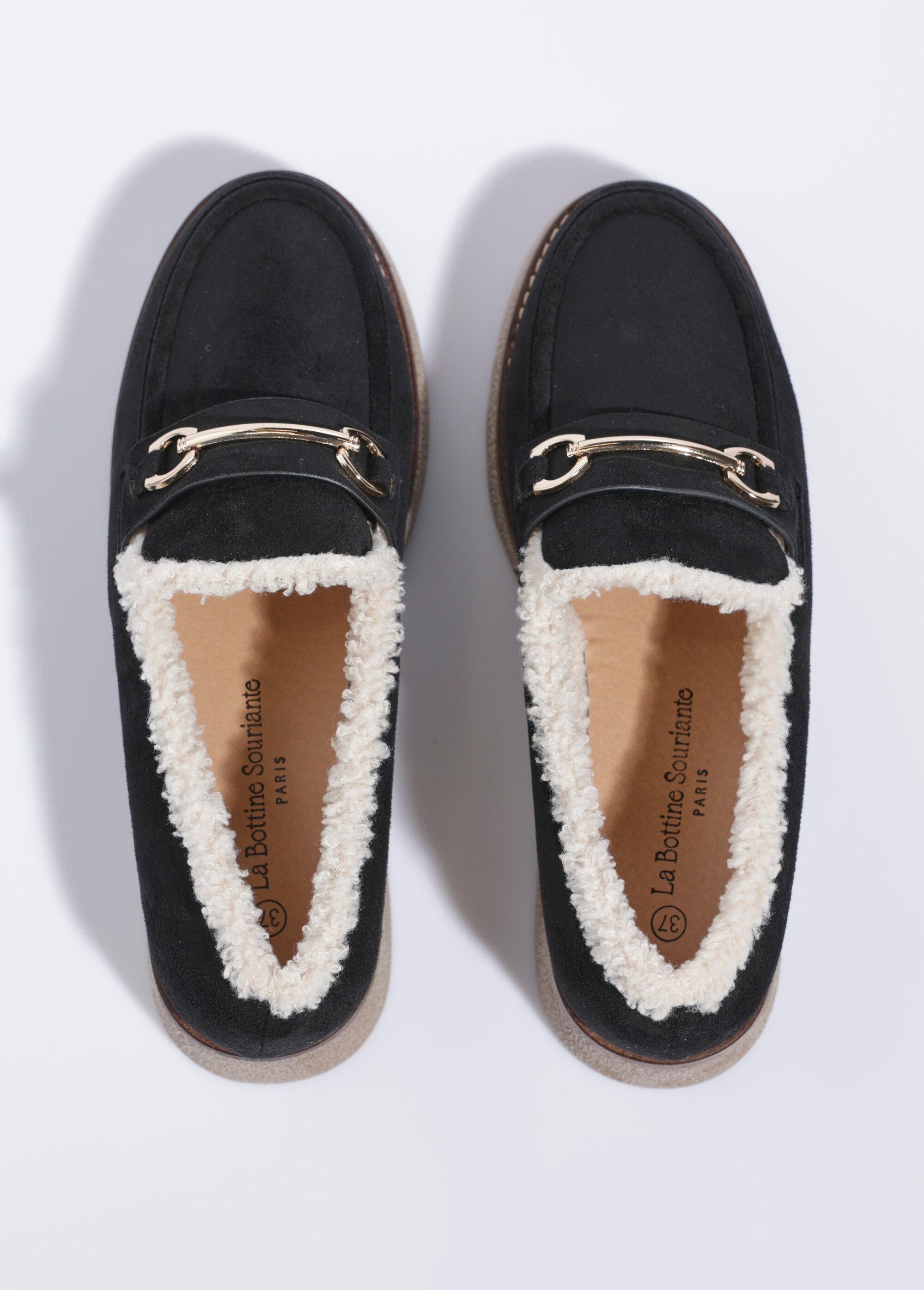 Mocassins fourrés semelle aspect crêpe Femme Noir LBSBCT9096 OV1