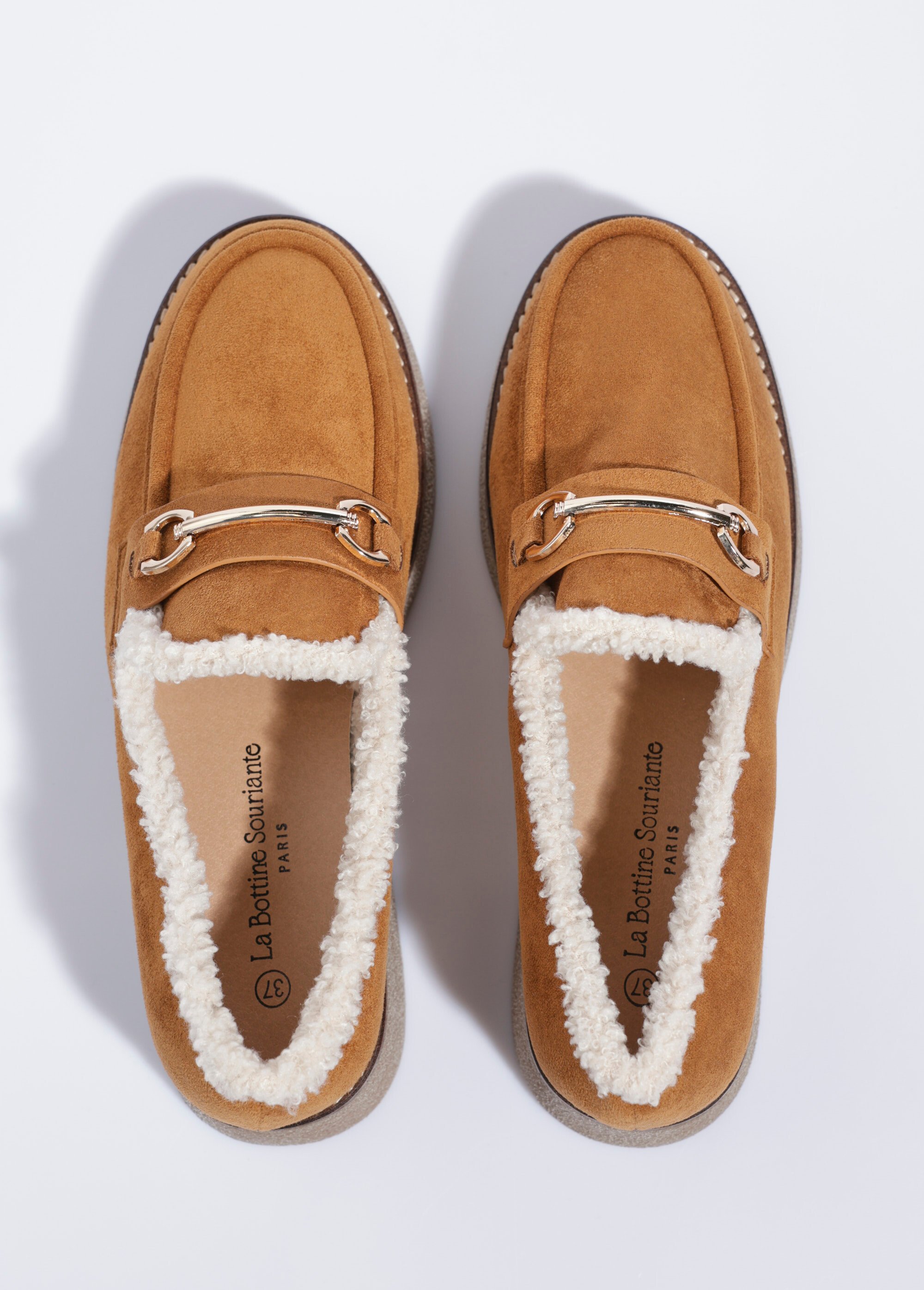 Mocassins fourrés semelle aspect crêpe Femme Beige LBSBCT9096 OV1