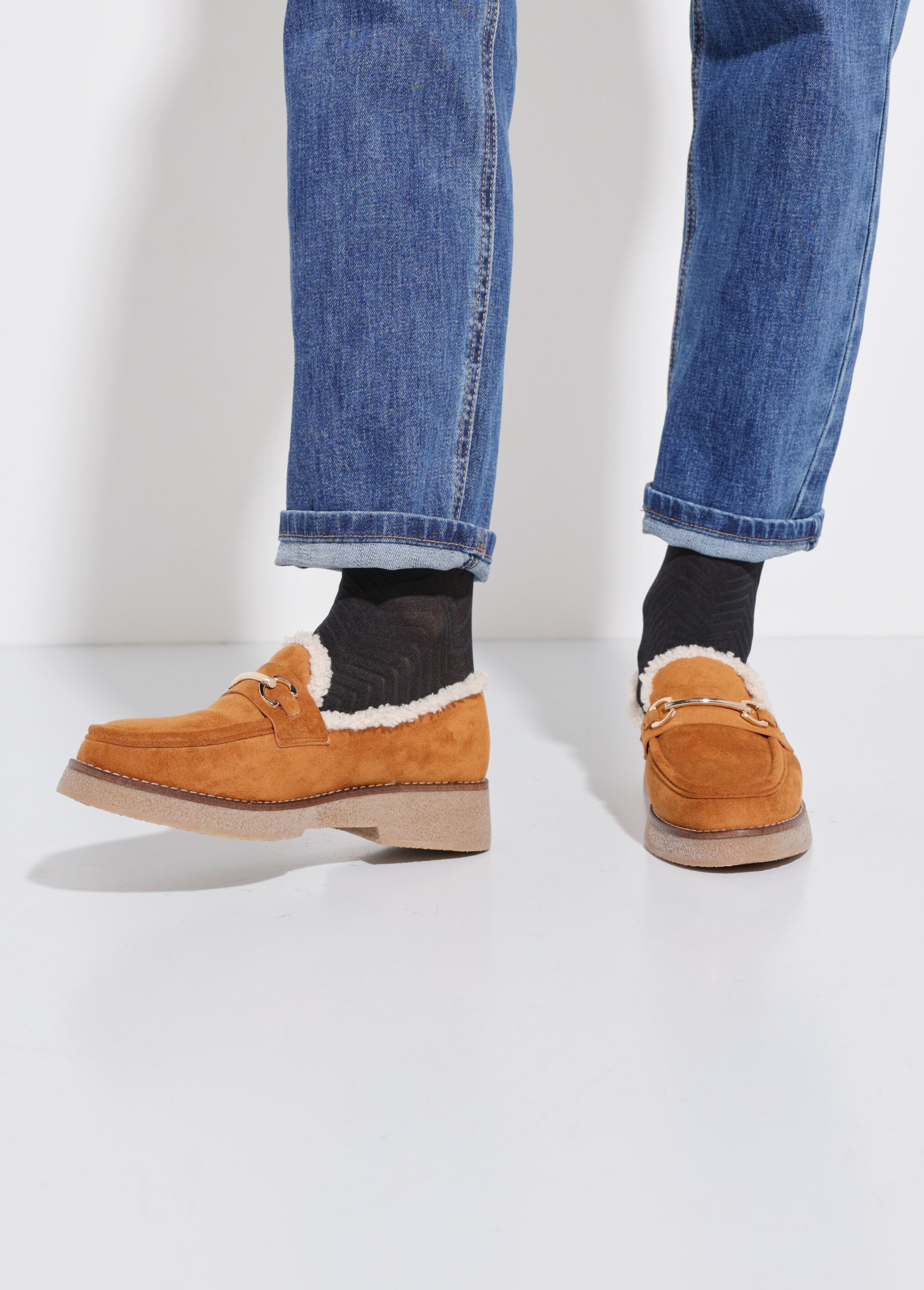 Mocassins fourrés semelle aspect crêpe Femme Beige LBSBCT9096 SF1