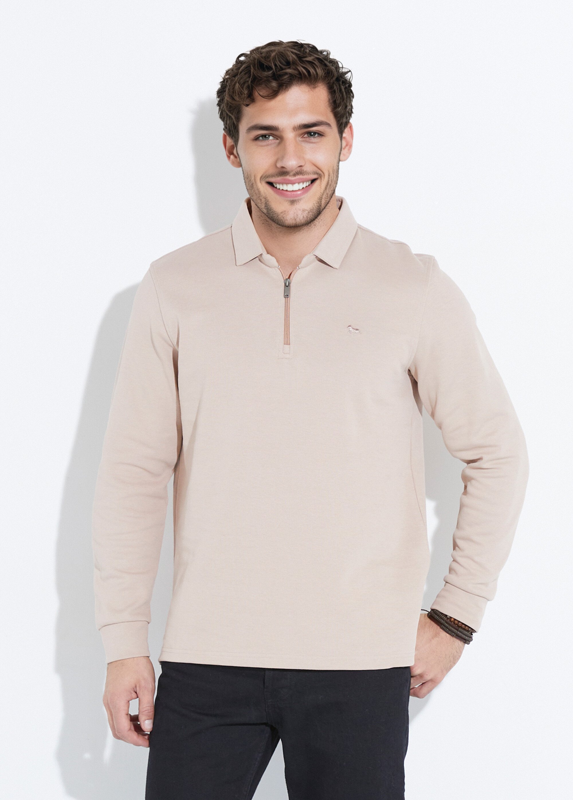Polo à manches longues avec col zippé Beige STI24504 FA1