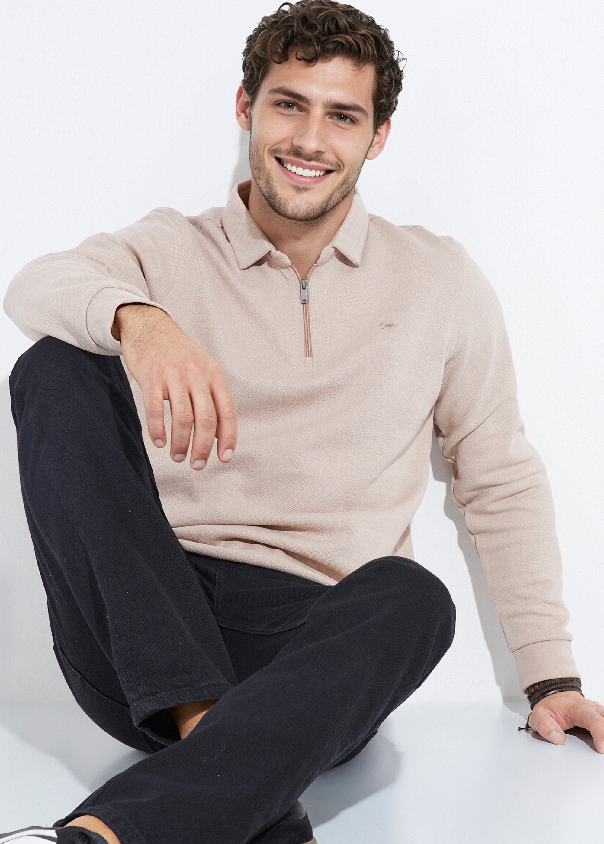 Polo à manches longues avec col zippé Beige STI24504 MV1