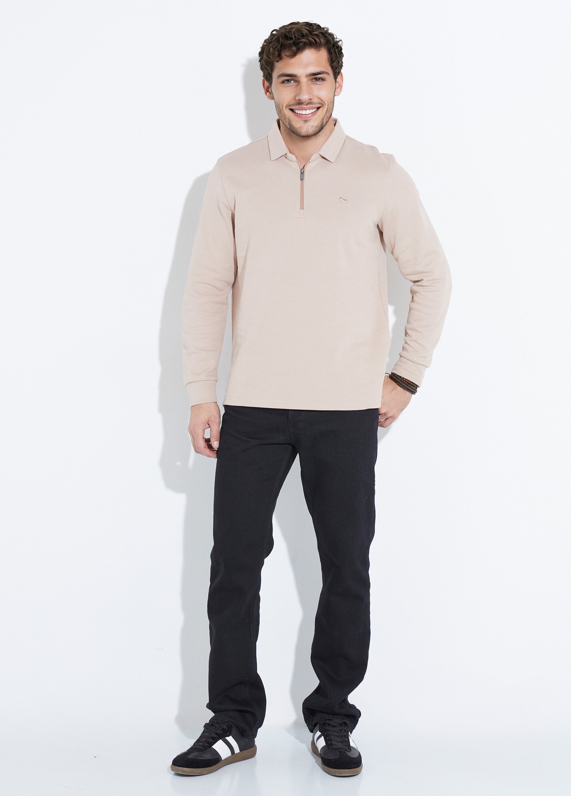 Polo à manches longues avec col zippé Beige STI24504 SF1