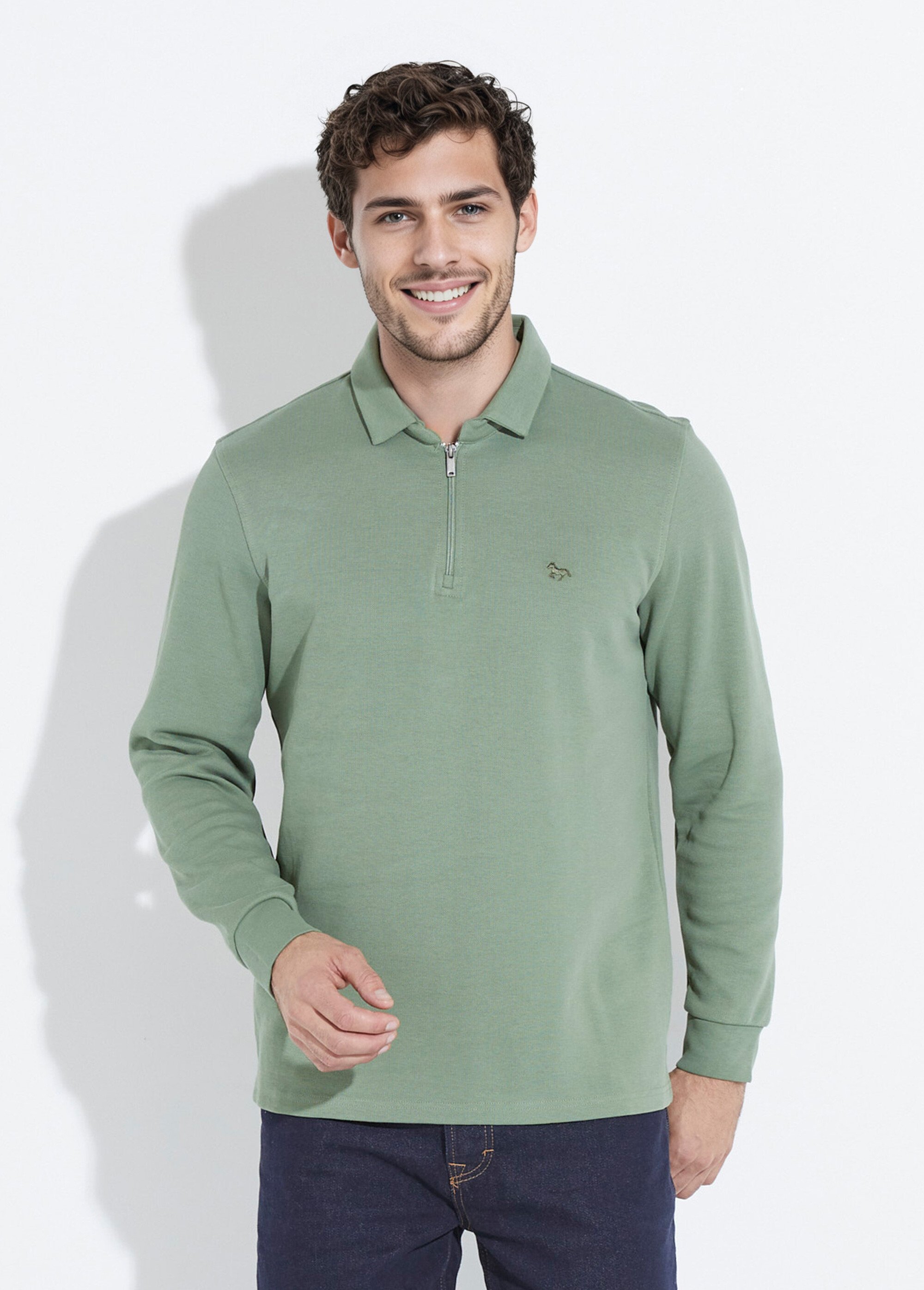 Polo à manches longues avec col zippé Vert STI24504 FA1