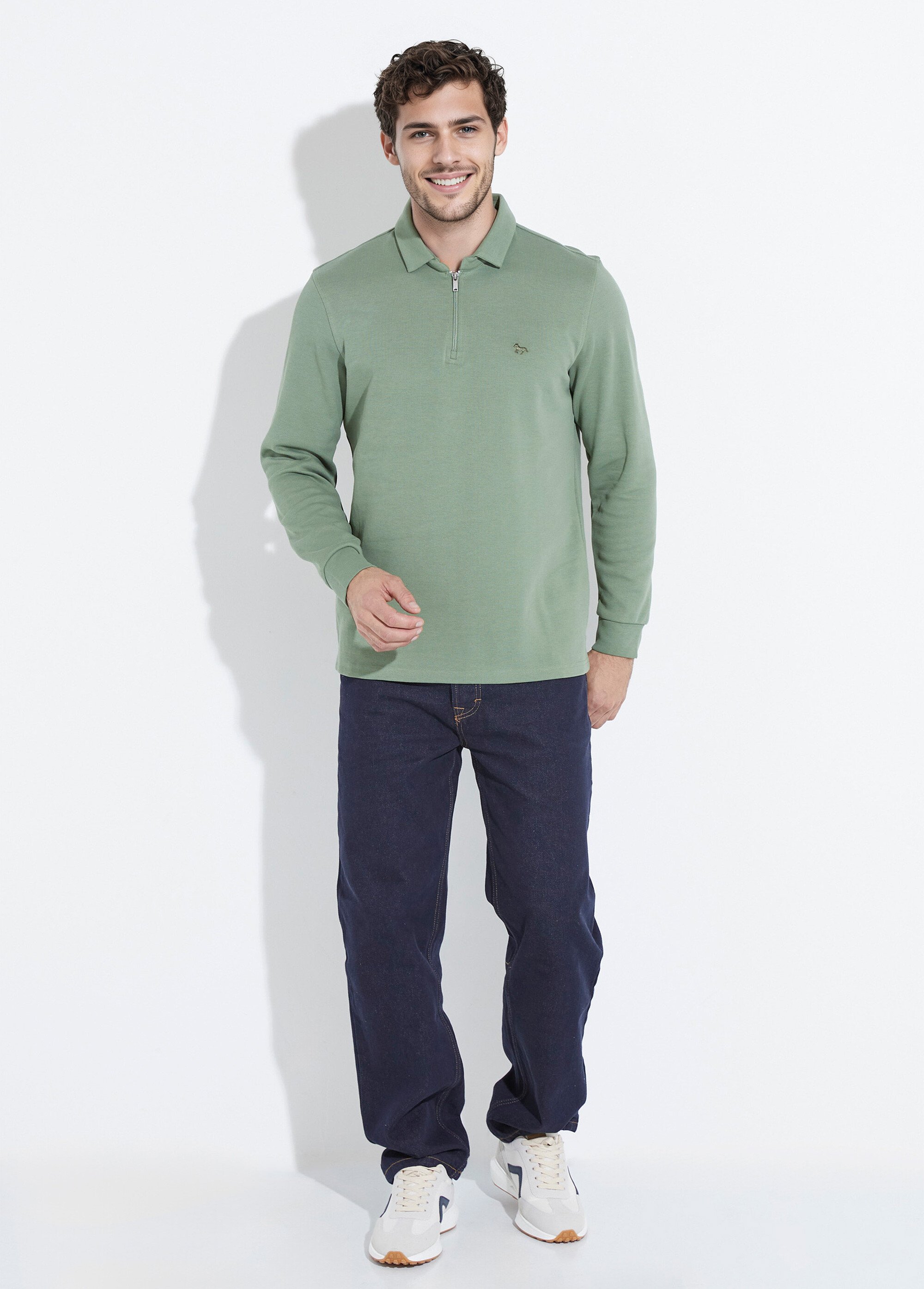 Polo à manches longues avec col zippé Vert STI24504 SF1