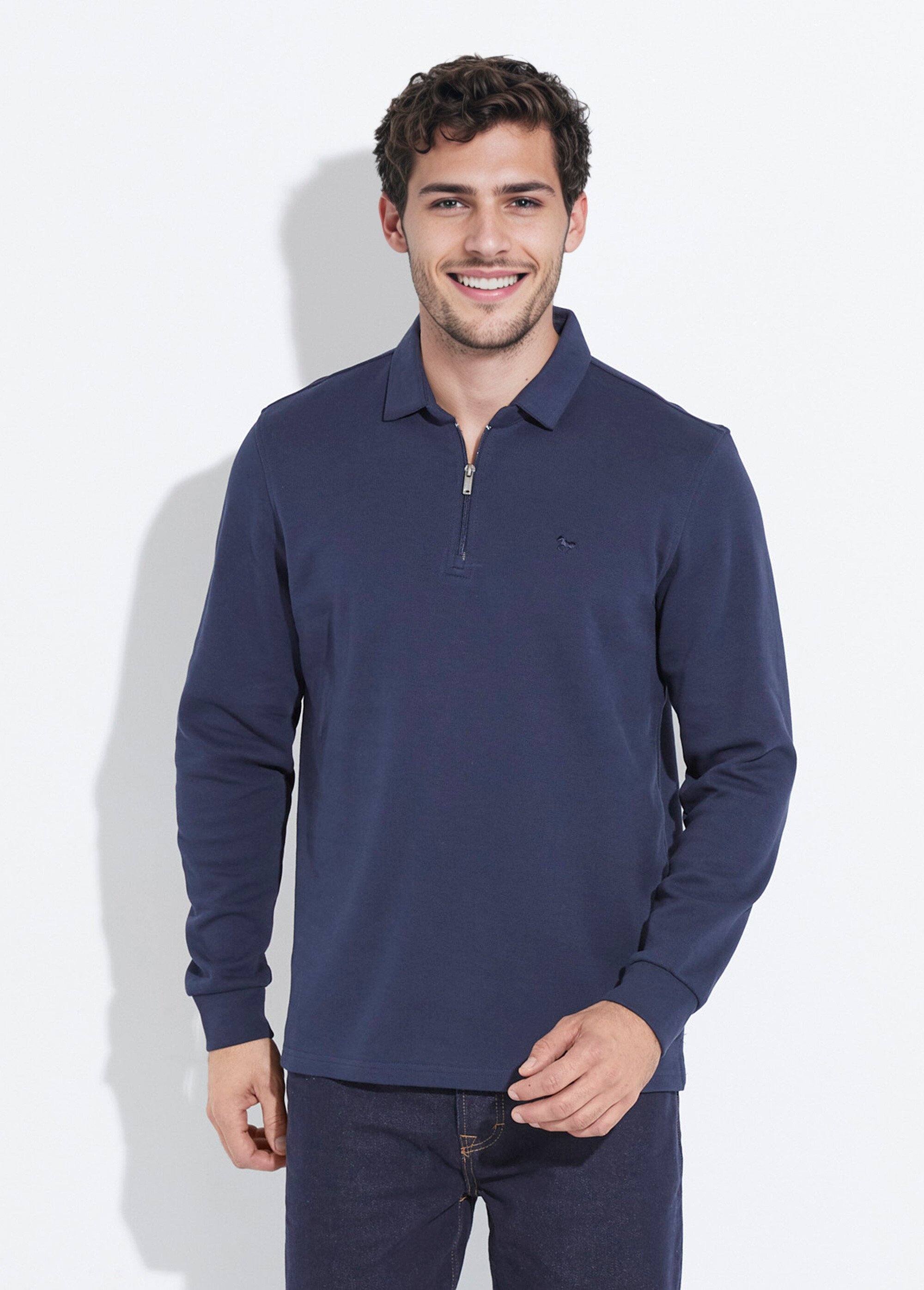 Polo à manches longues avec col zippé Bleu STI24504 FA1