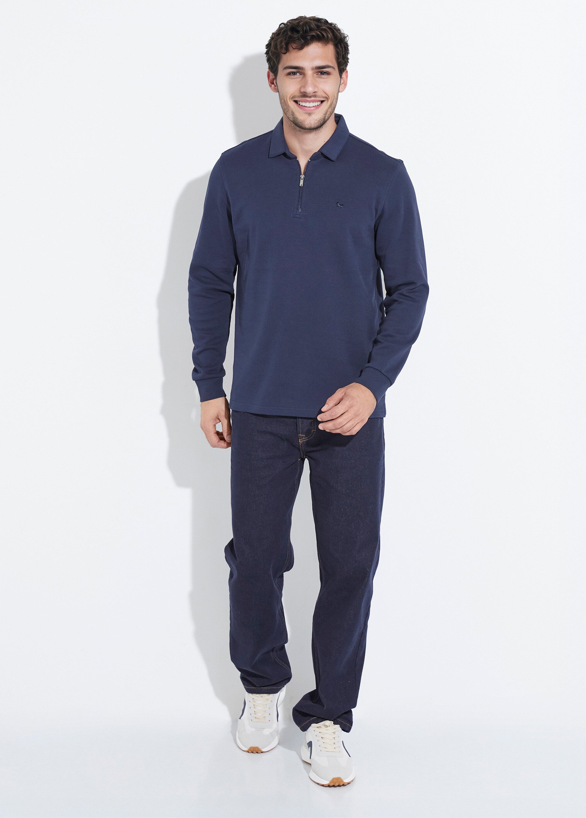 Polo à manches longues avec col zippé Bleu STI24504 SF1