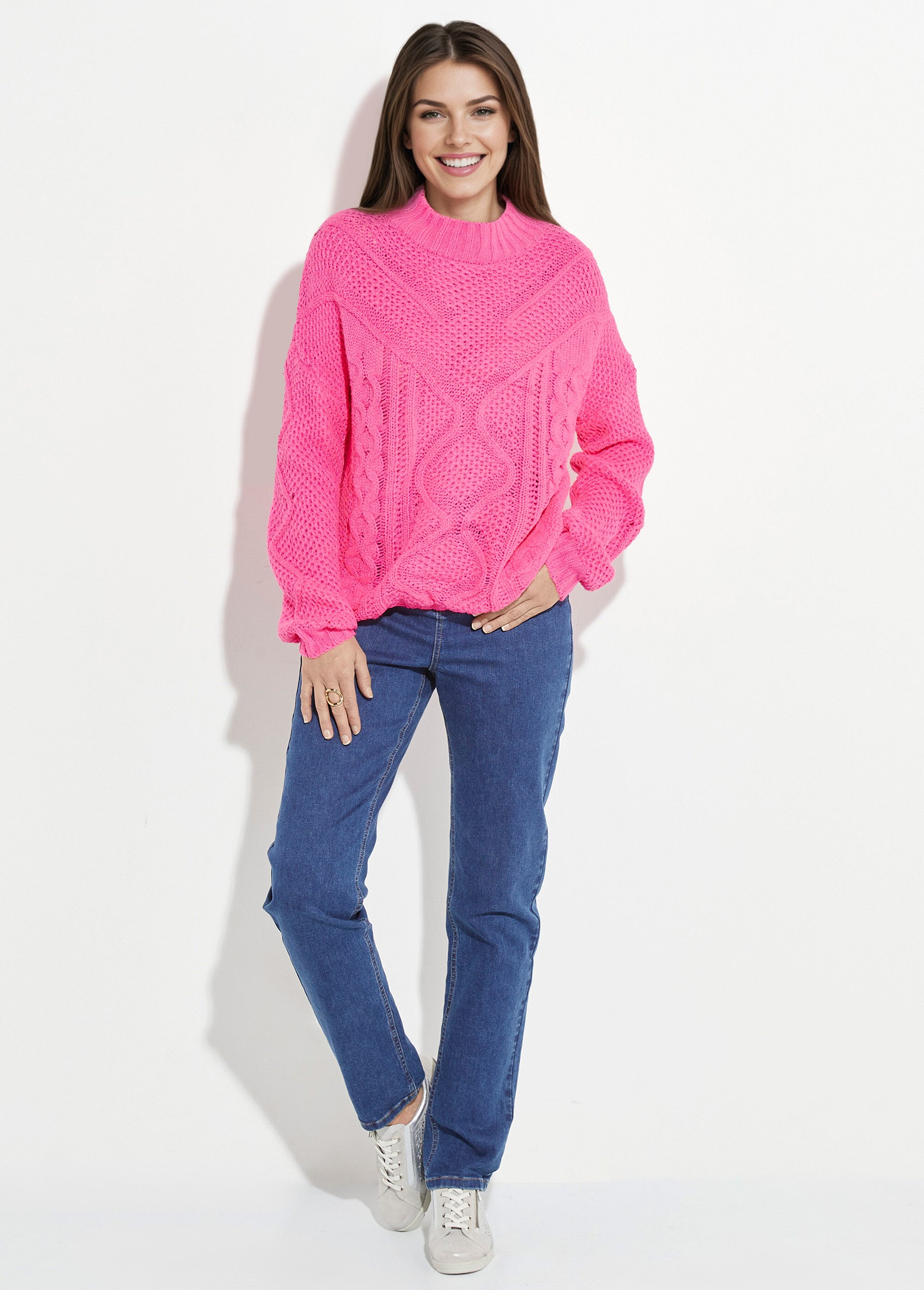 Pull col montant, jeux maille fantaisie Femme Rose JS-JP-8001 SF1