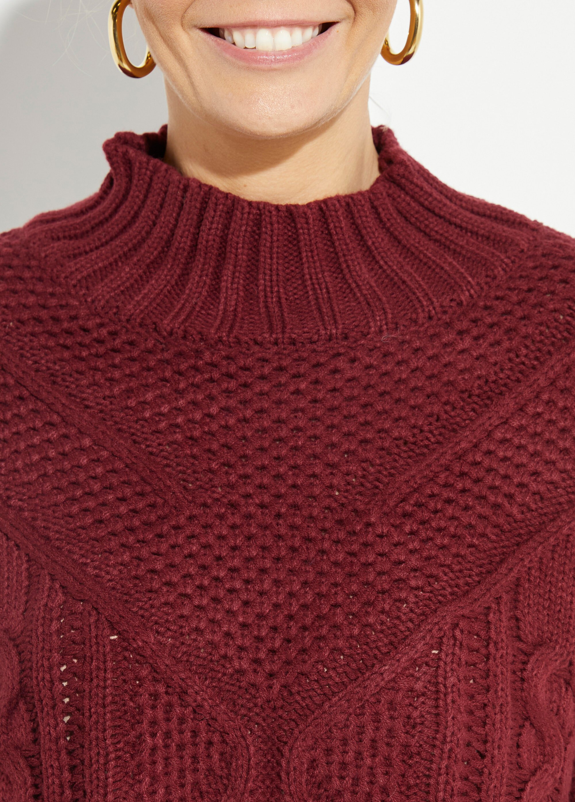 Pull col montant, jeux maille fantaisie Femme Rouge JS-JP-8001 DE1