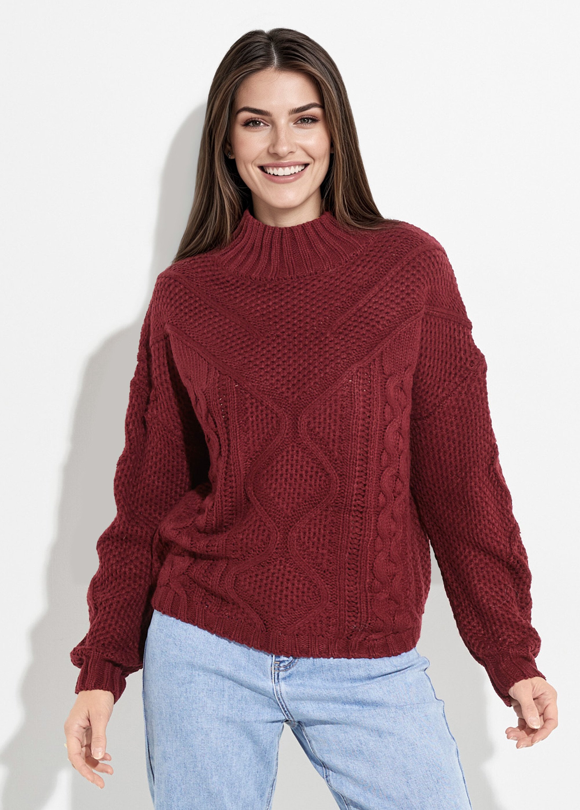 Pull col montant, jeux maille fantaisie Femme Rouge JS-JP-8001 FA1