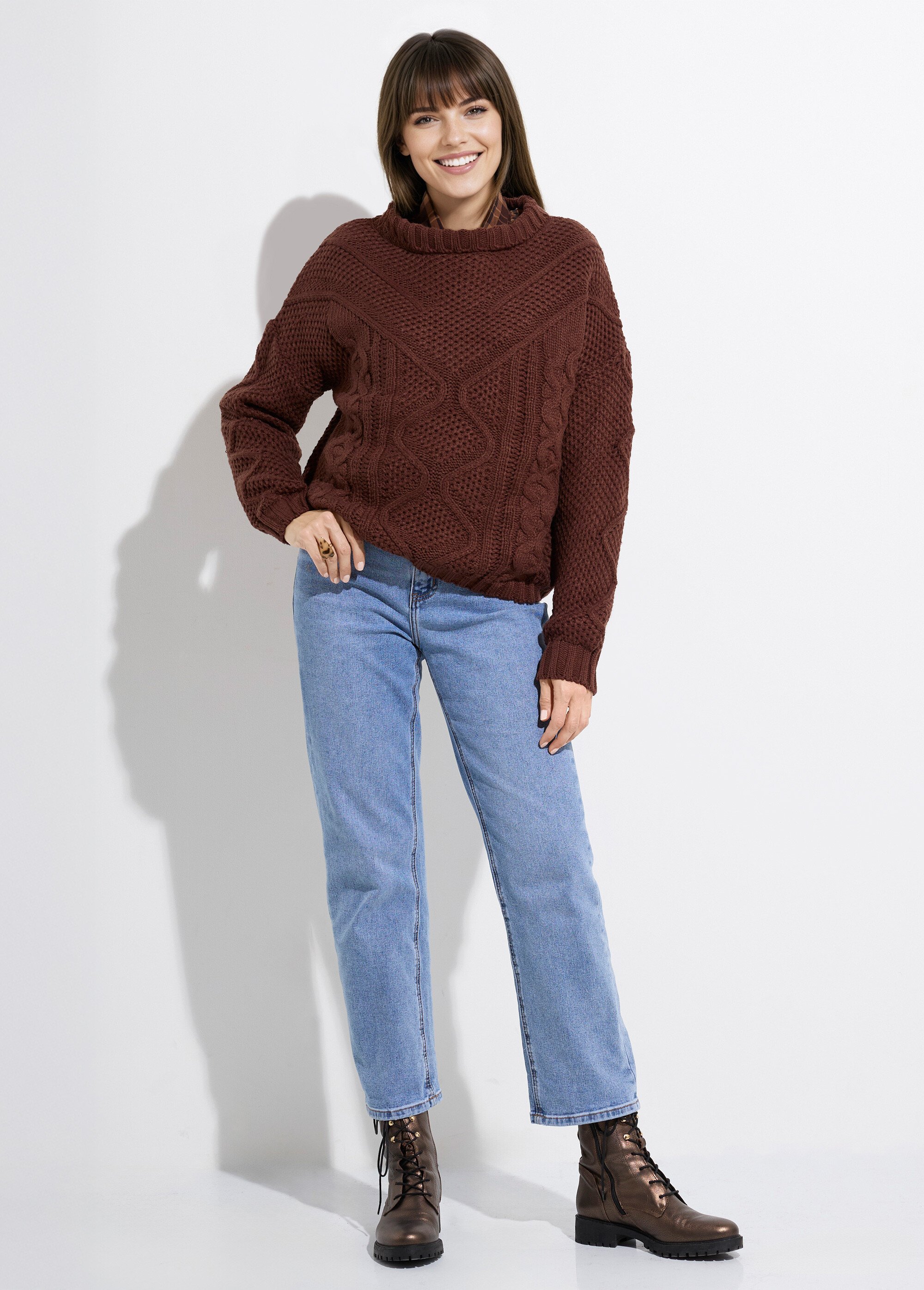 Pull col montant, jeux maille fantaisie Femme Marron JS-JP-8001 SF1