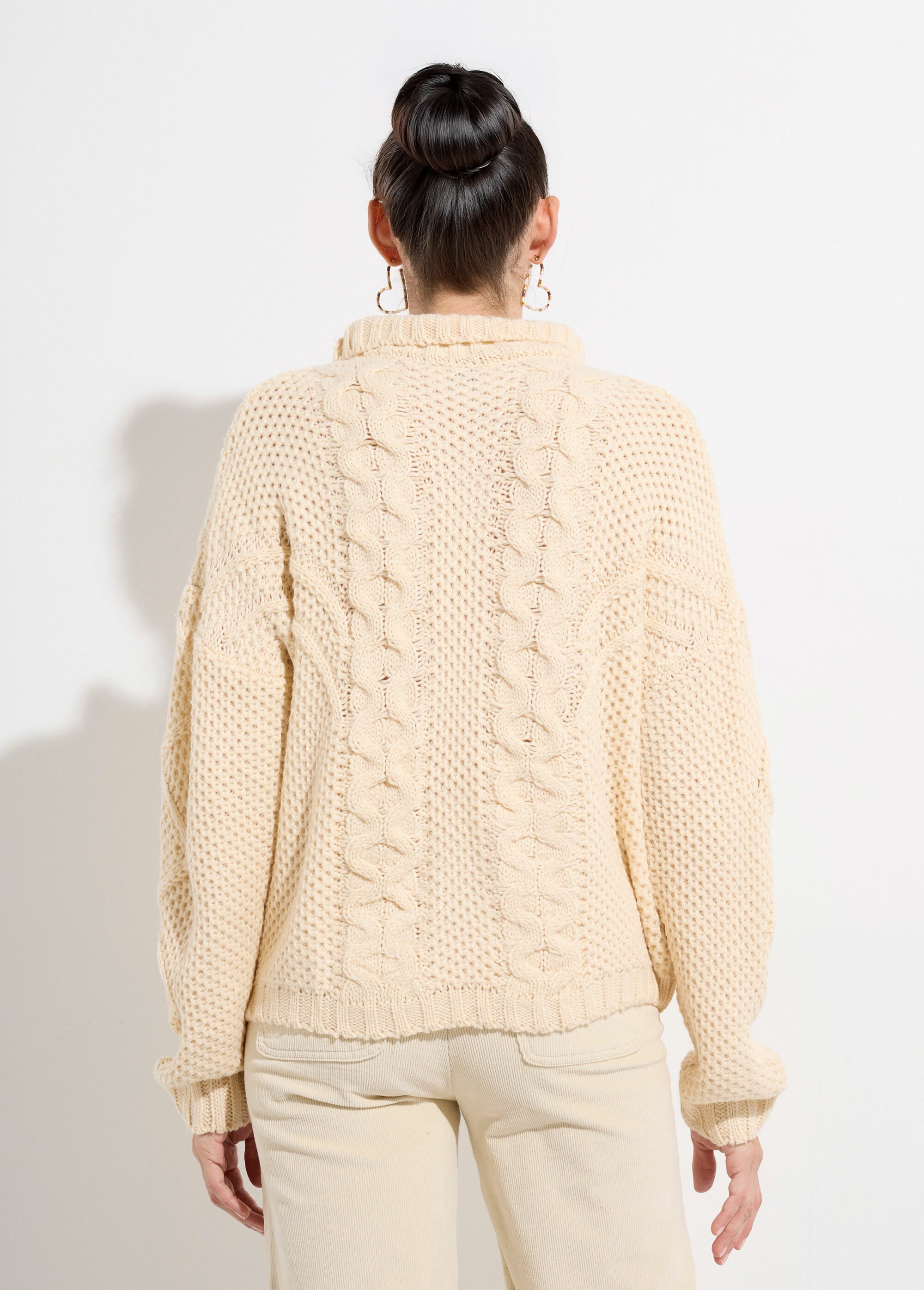 Pull col montant, jeux maille fantaisie Femme Beige JS-JP-8001 DO1