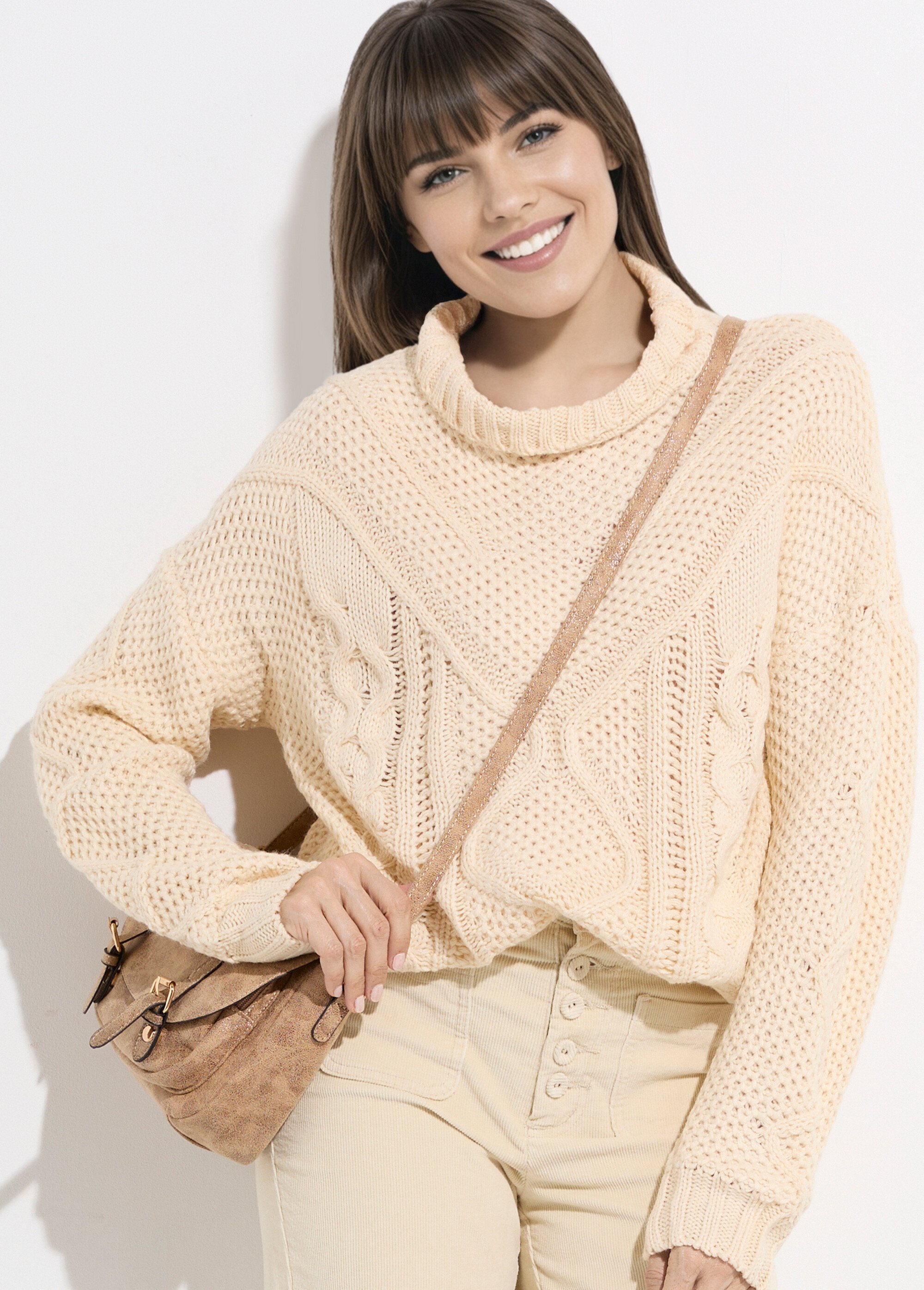 Pull col montant, jeux maille fantaisie Femme Beige JS-JP-8001 MV1