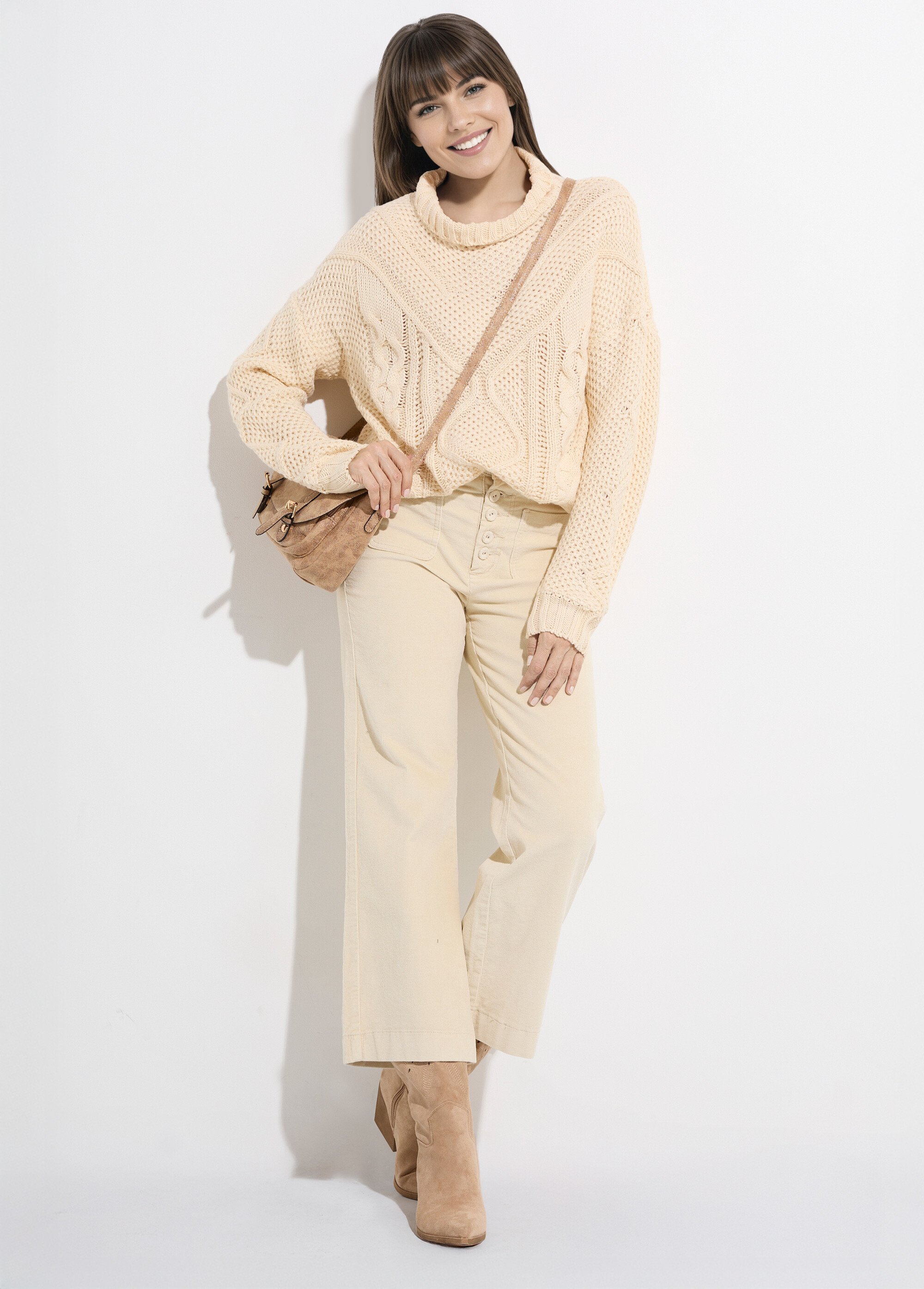 Pull col montant, jeux maille fantaisie Femme Beige JS-JP-8001 SI1