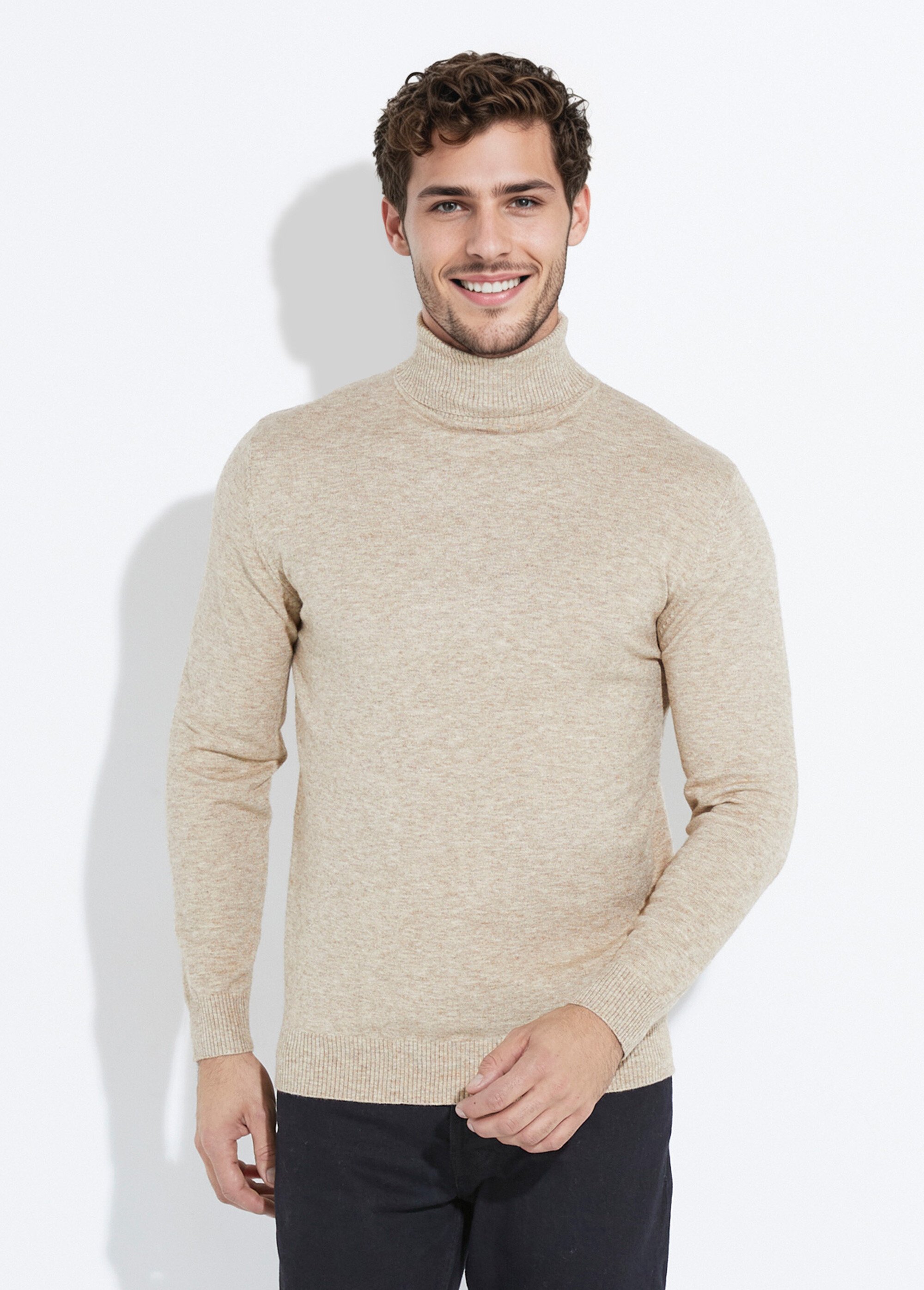 Pull col roulé en maille fine jauge Homme Beige YVEYE-6741 FA1