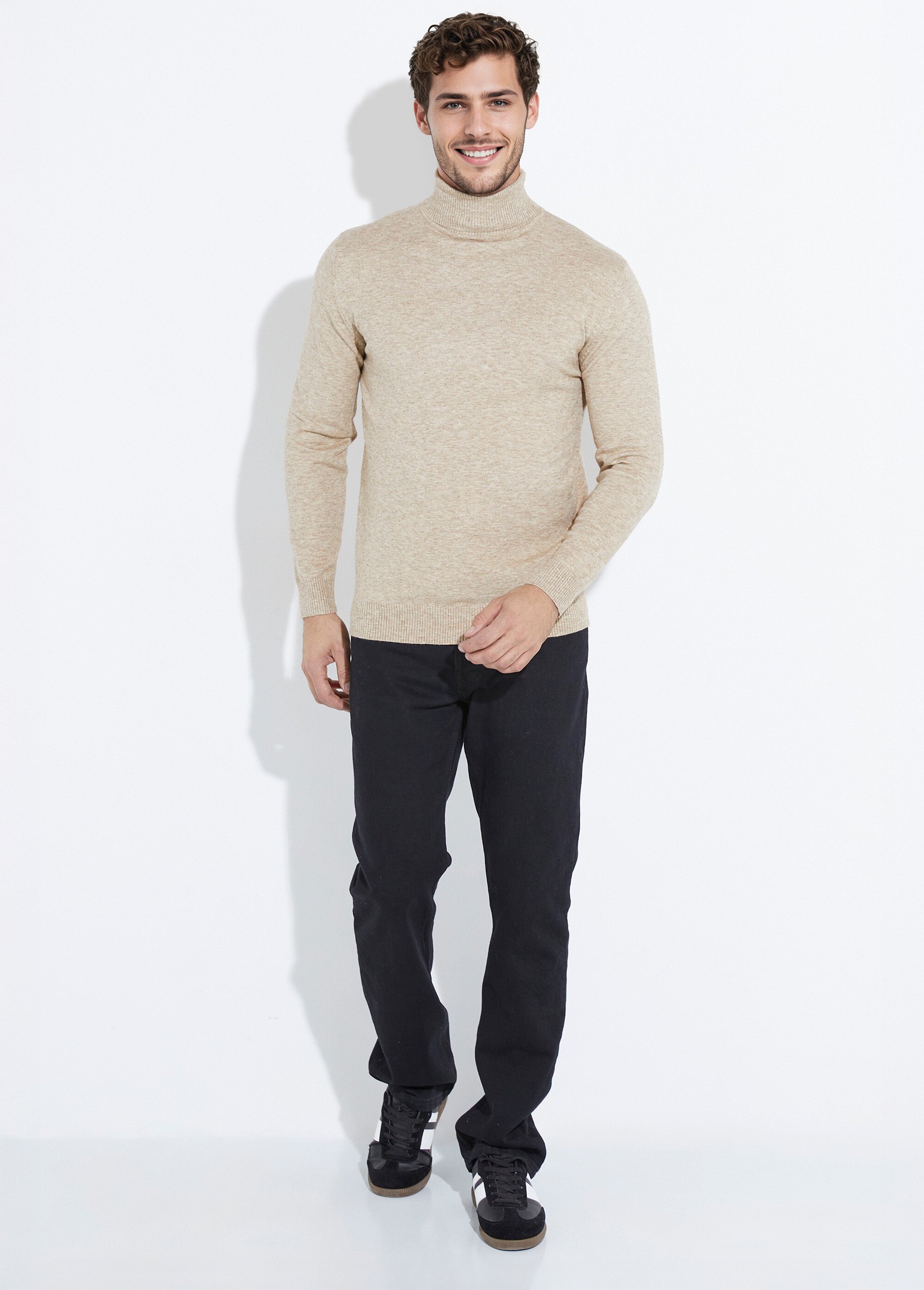 Pull col roulé en maille fine jauge Homme Beige YVEYE-6741 SF1