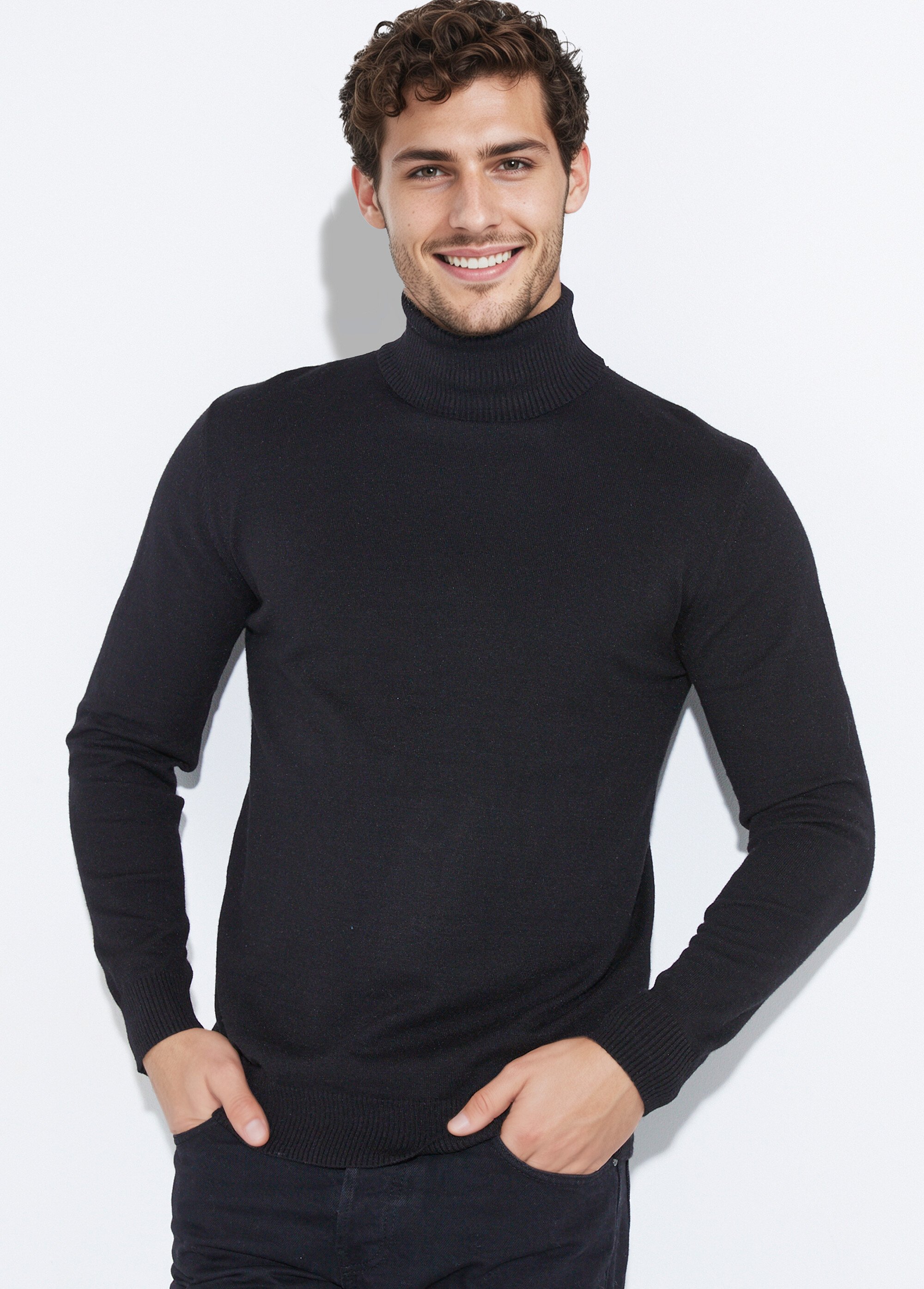 Pull col roulé en maille fine jauge Homme Noir YVEYE-6741 MV1