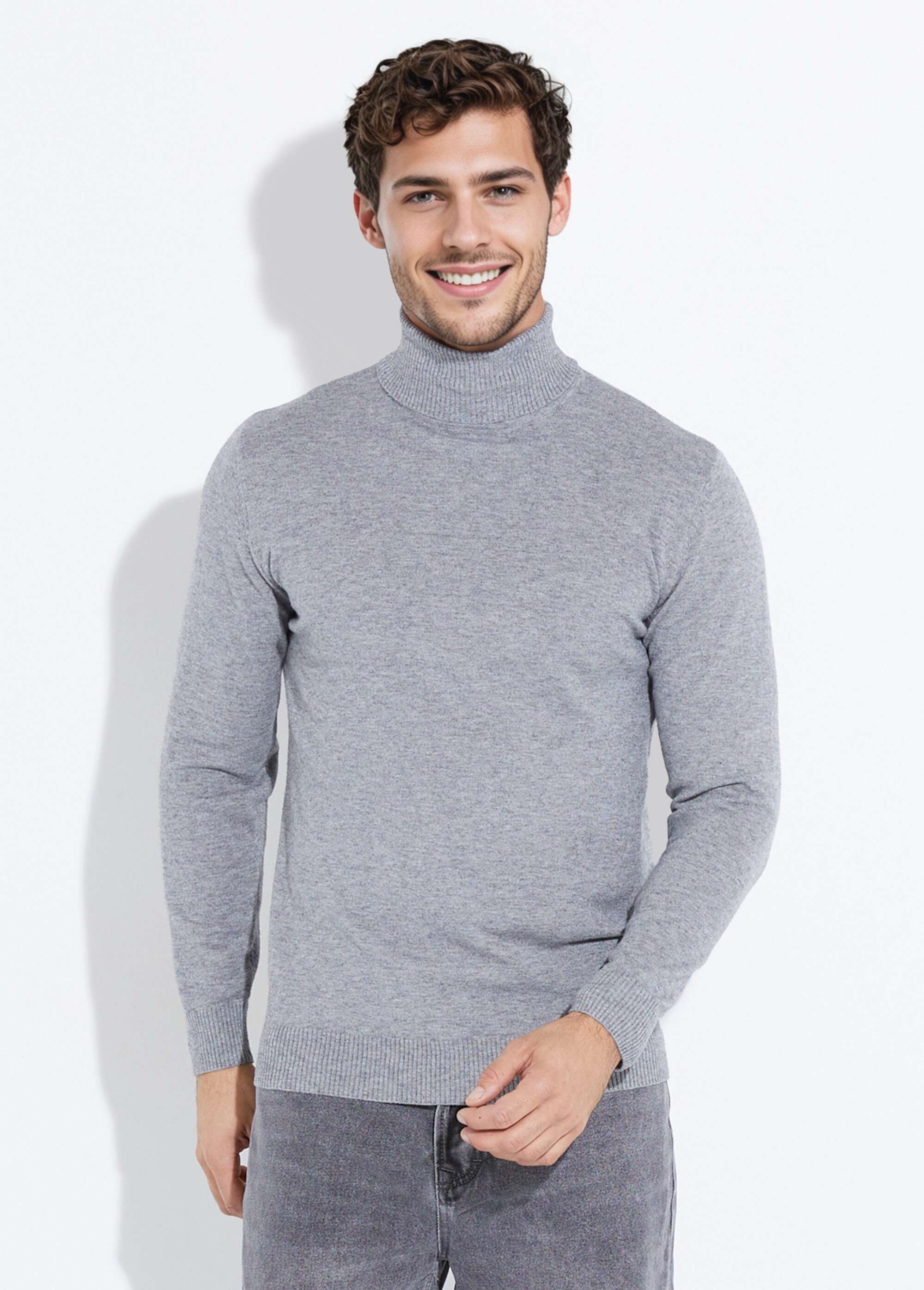 Pull col roulé en maille fine jauge Homme Gris YVEYE-6741 FA1
