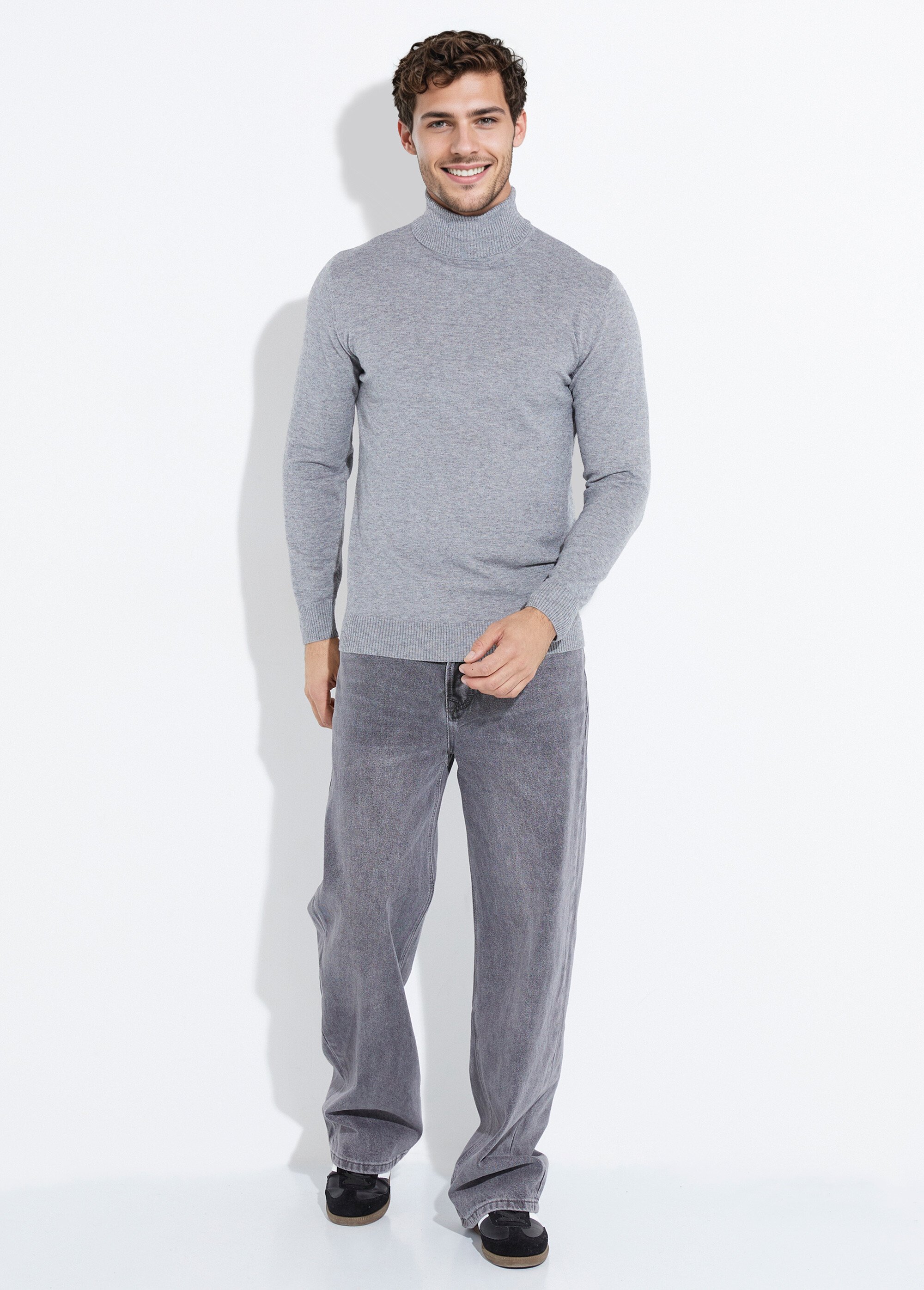 Pull col roulé en maille fine jauge Homme Gris YVEYE-6741 SF1