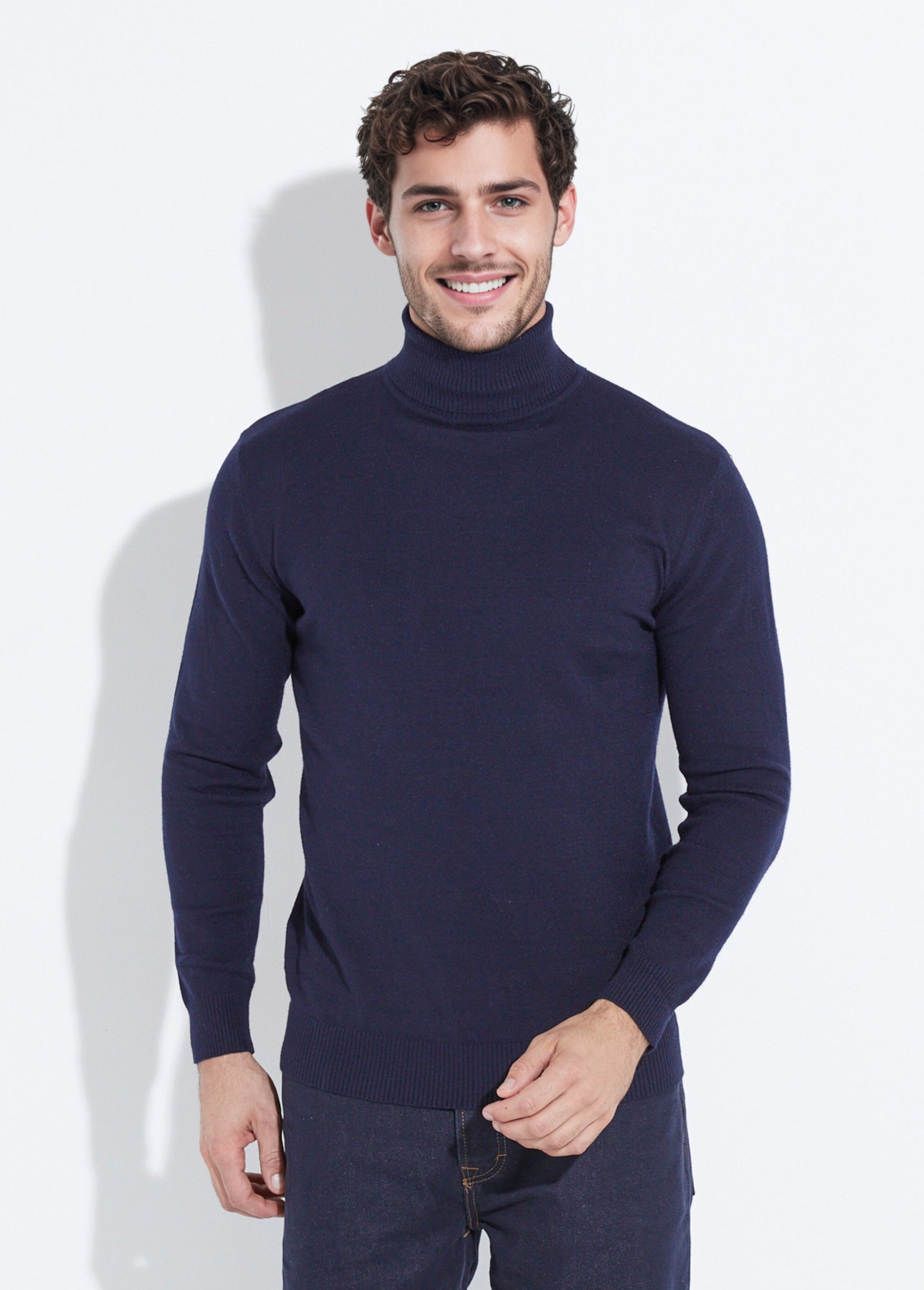 Pull col roulé en maille fine jauge Homme Bleu YVEYE-6741 FA1