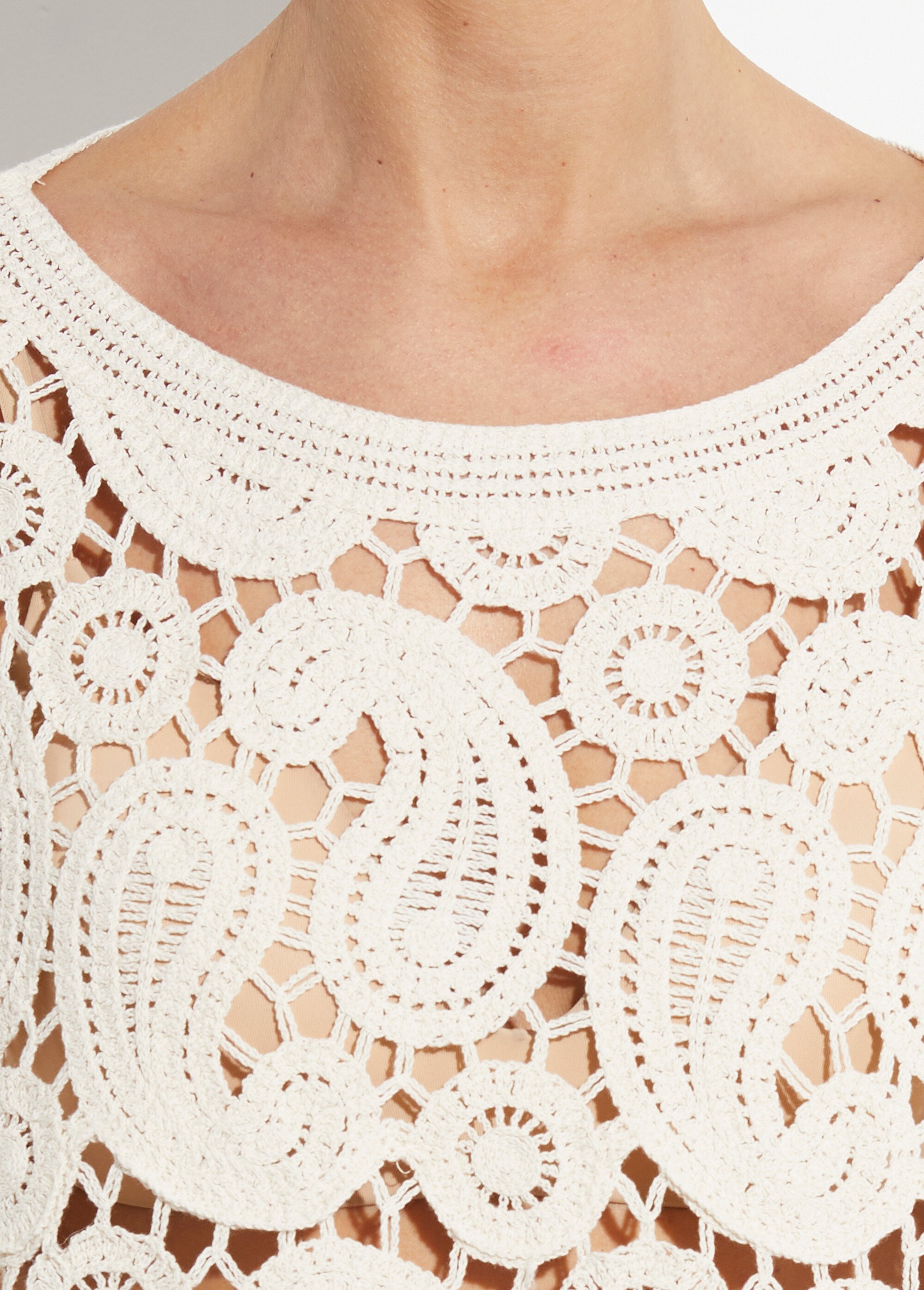 Pull court ajouré en crochet, col rond Femme Beige IA-G77 DE1