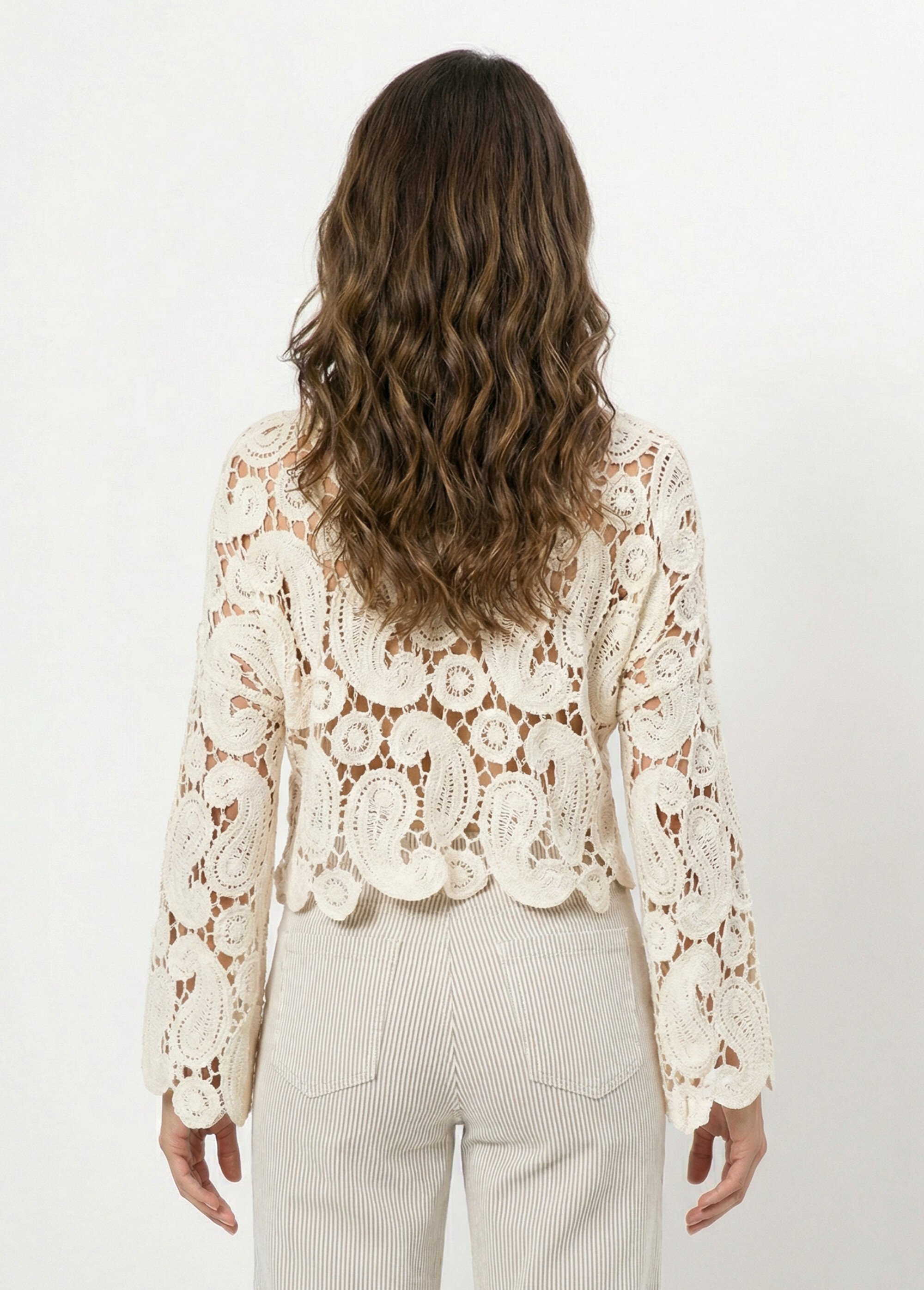 Pull court ajouré en crochet, col rond Femme Beige IA-G77 DO1