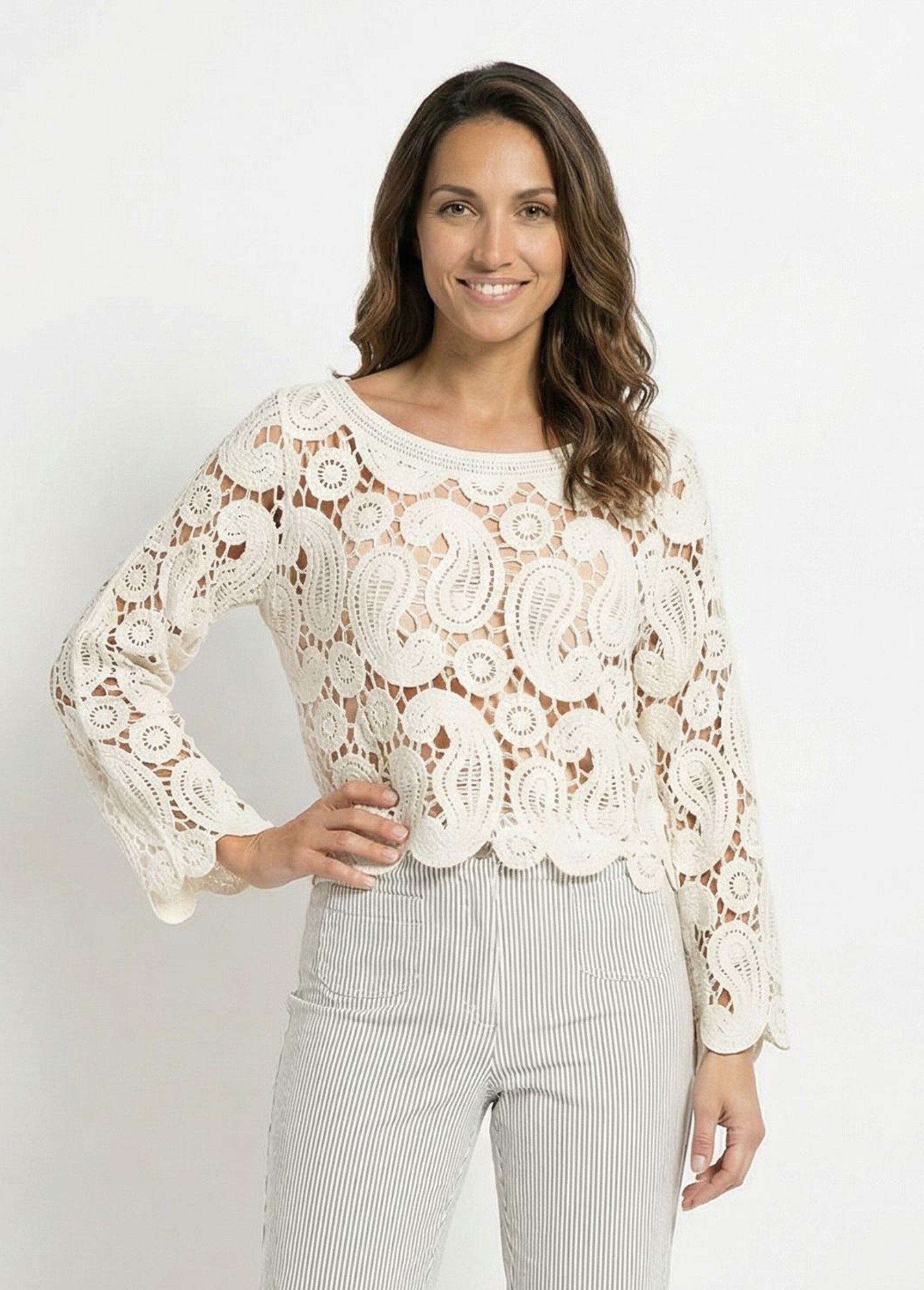 Pull court ajouré en crochet, col rond Femme Beige IA-G77 FA1
