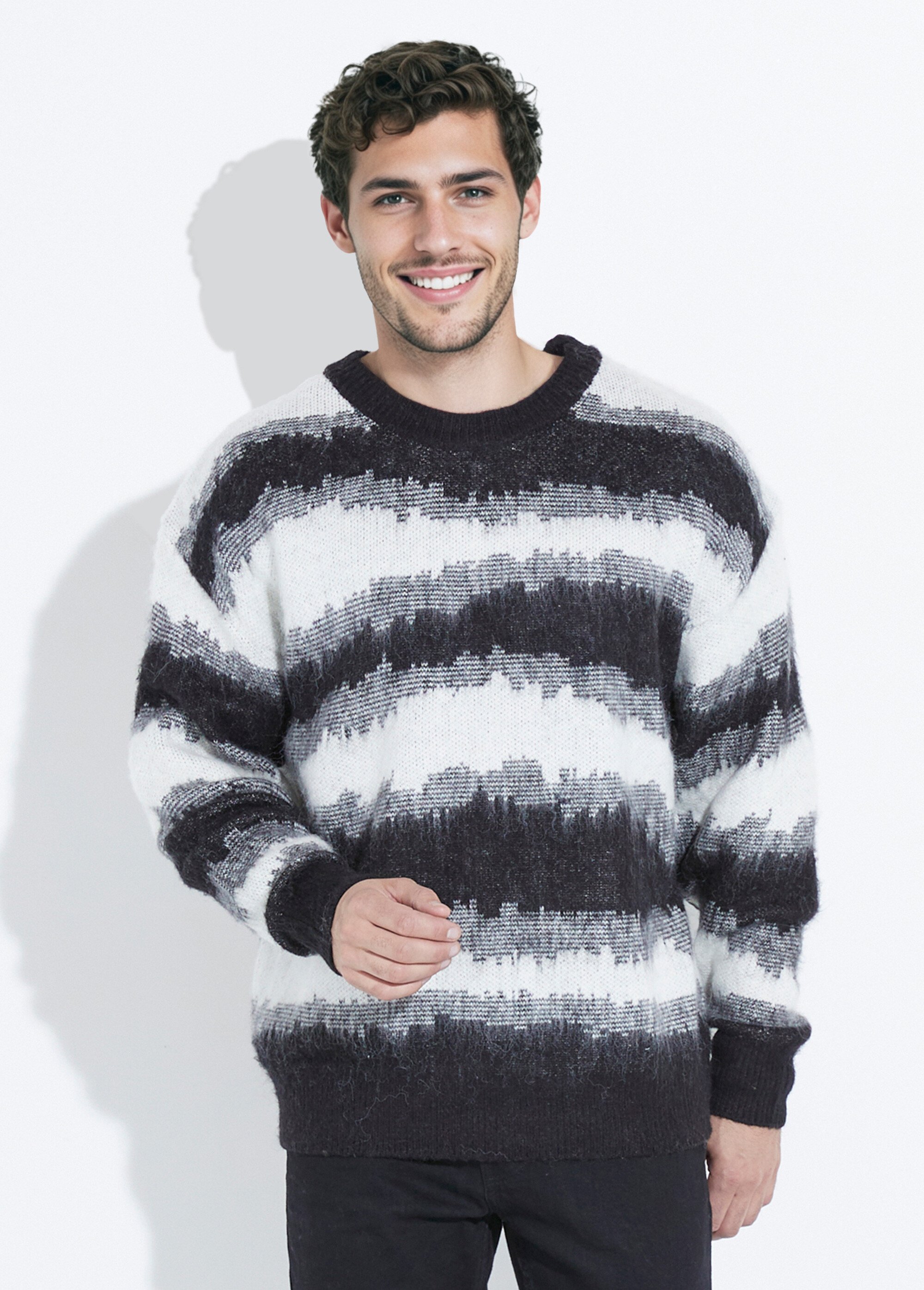 Pull épais avec laine, rayures fantaisie Homme Noir UNI6683 FA1
