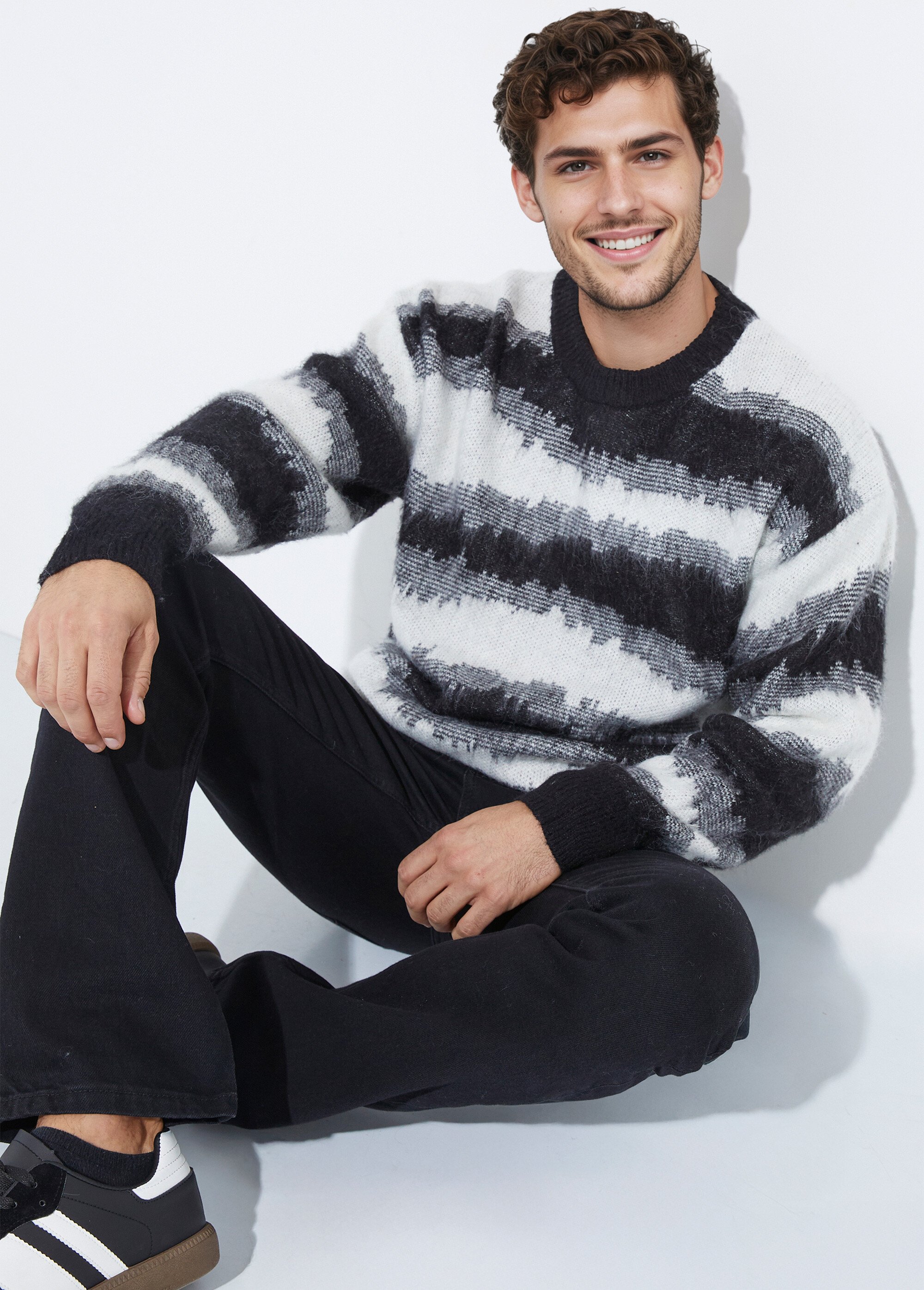 Pull épais avec laine, rayures fantaisie Homme Noir UNI6683 MV1