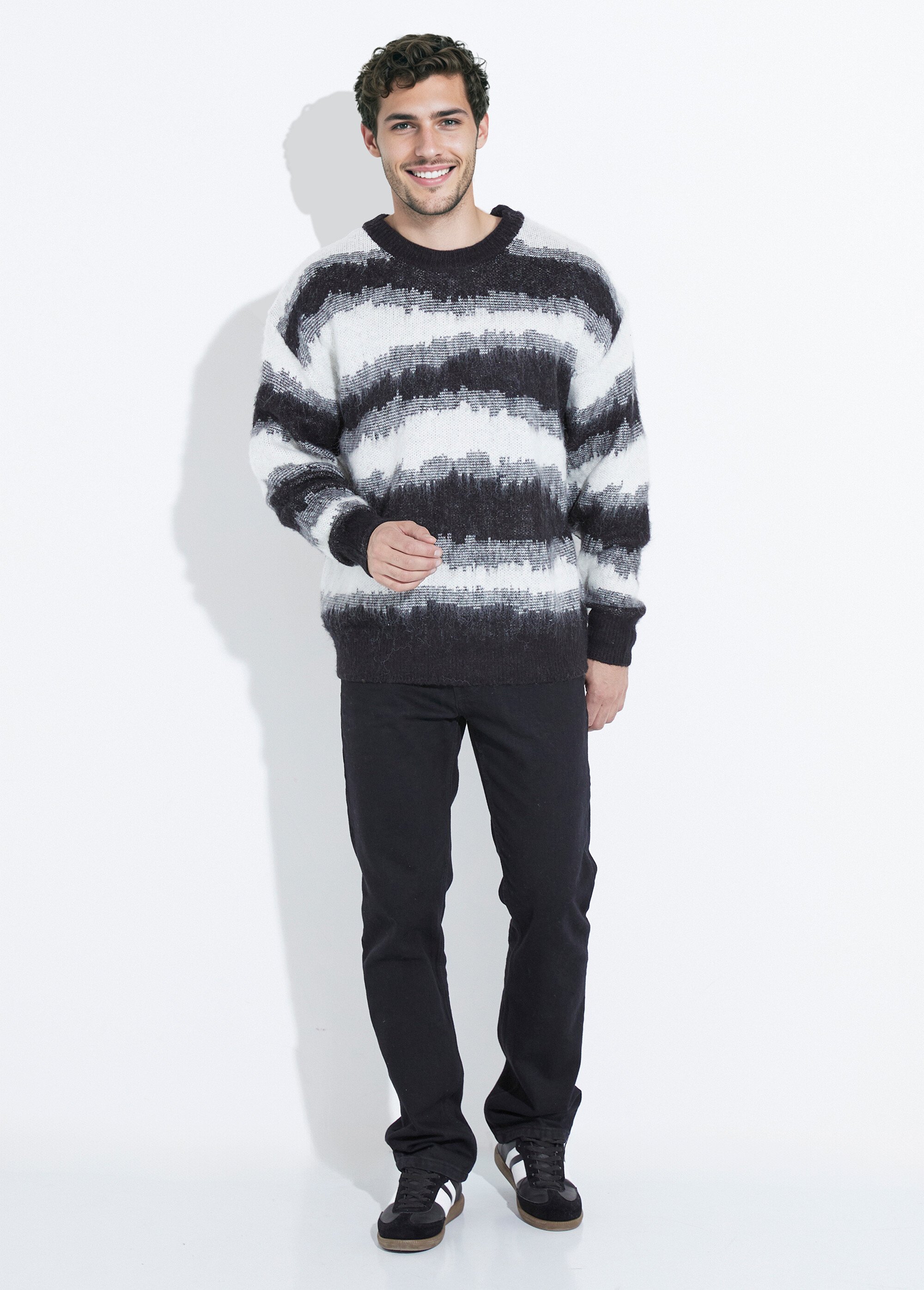 Pull épais avec laine, rayures fantaisie Homme Noir UNI6683 SF1