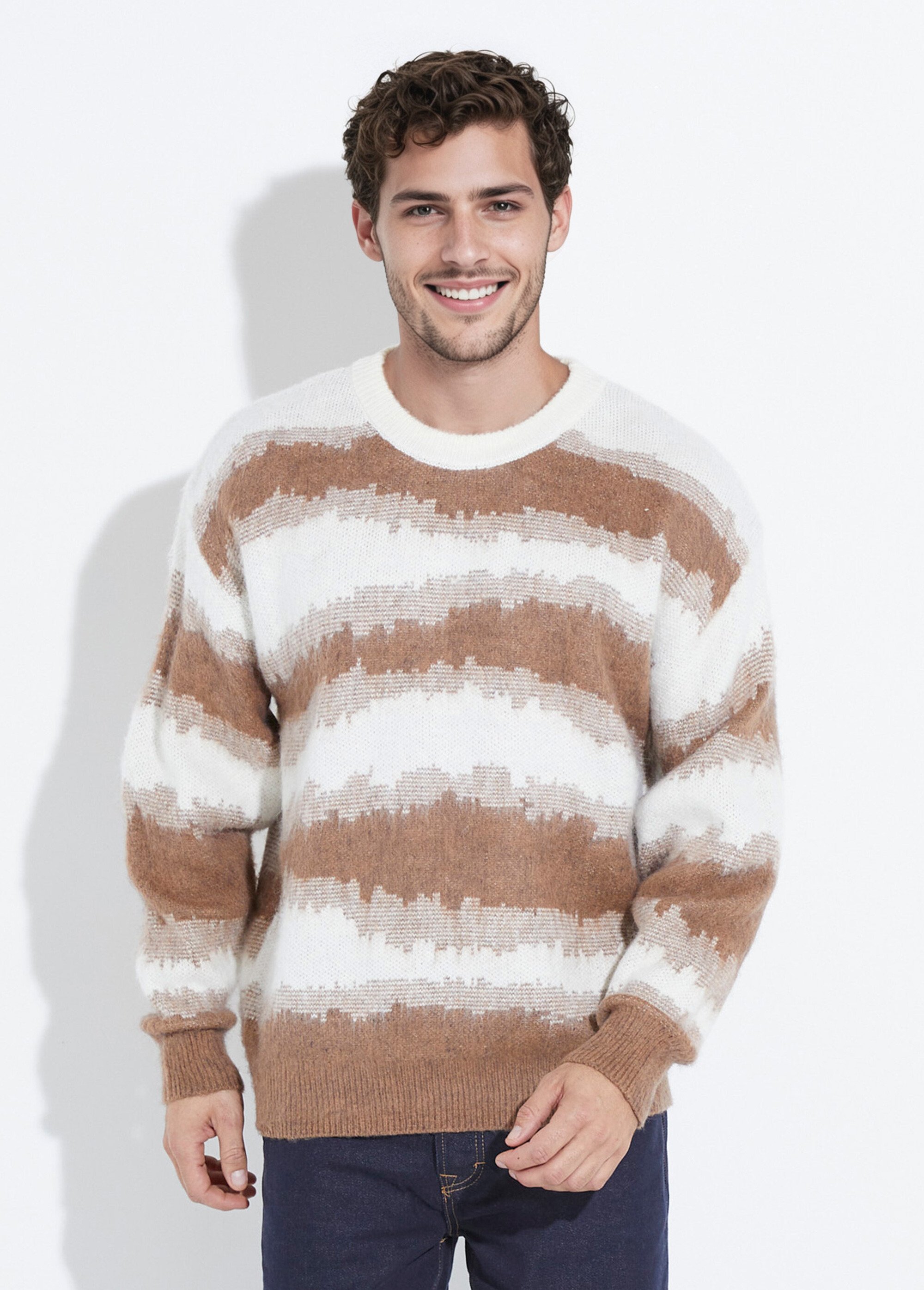 Pull épais avec laine, rayures fantaisie Homme Marron UNI6683 FA1