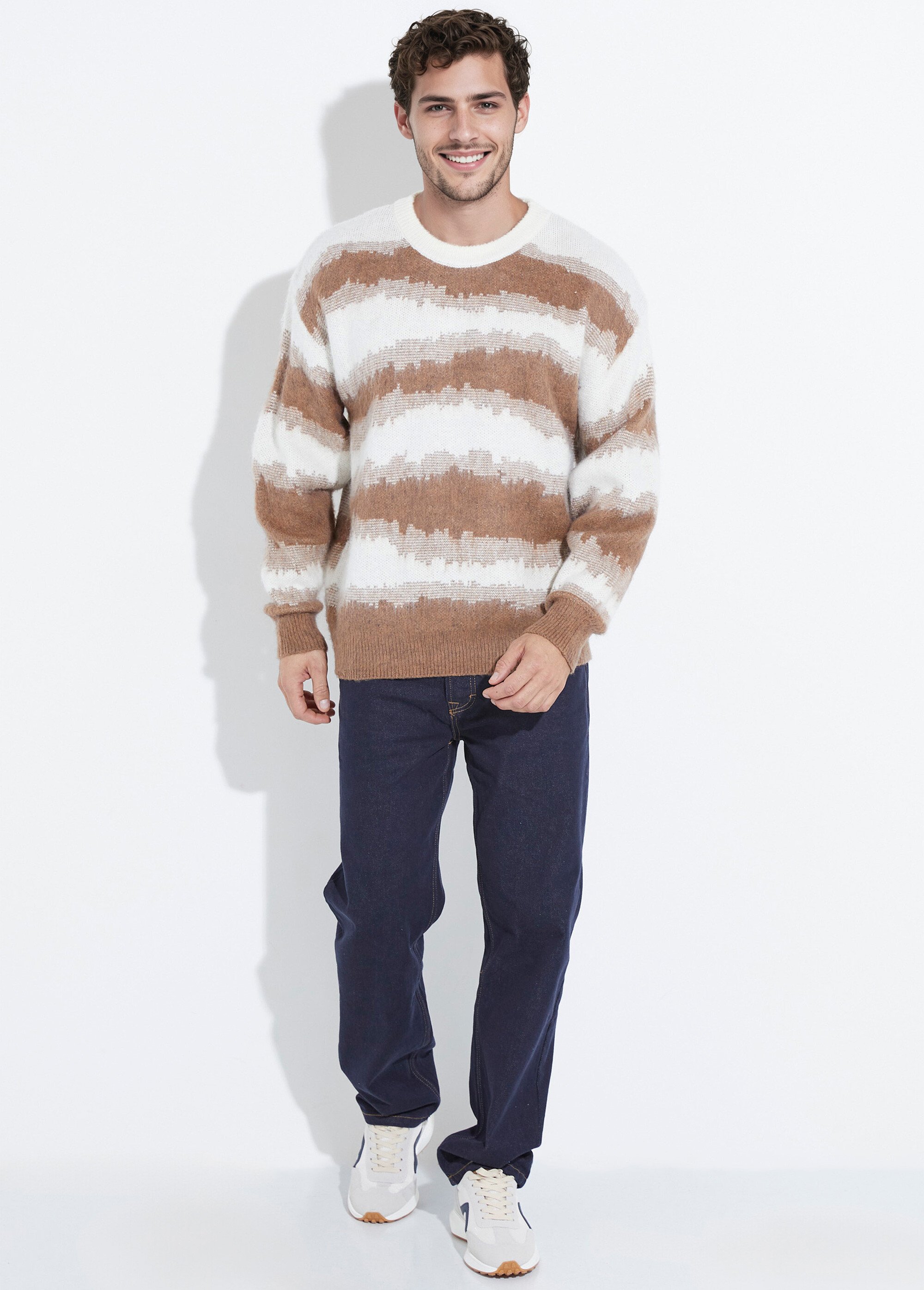 Pull épais avec laine, rayures fantaisie Homme Marron UNI6683 SF1