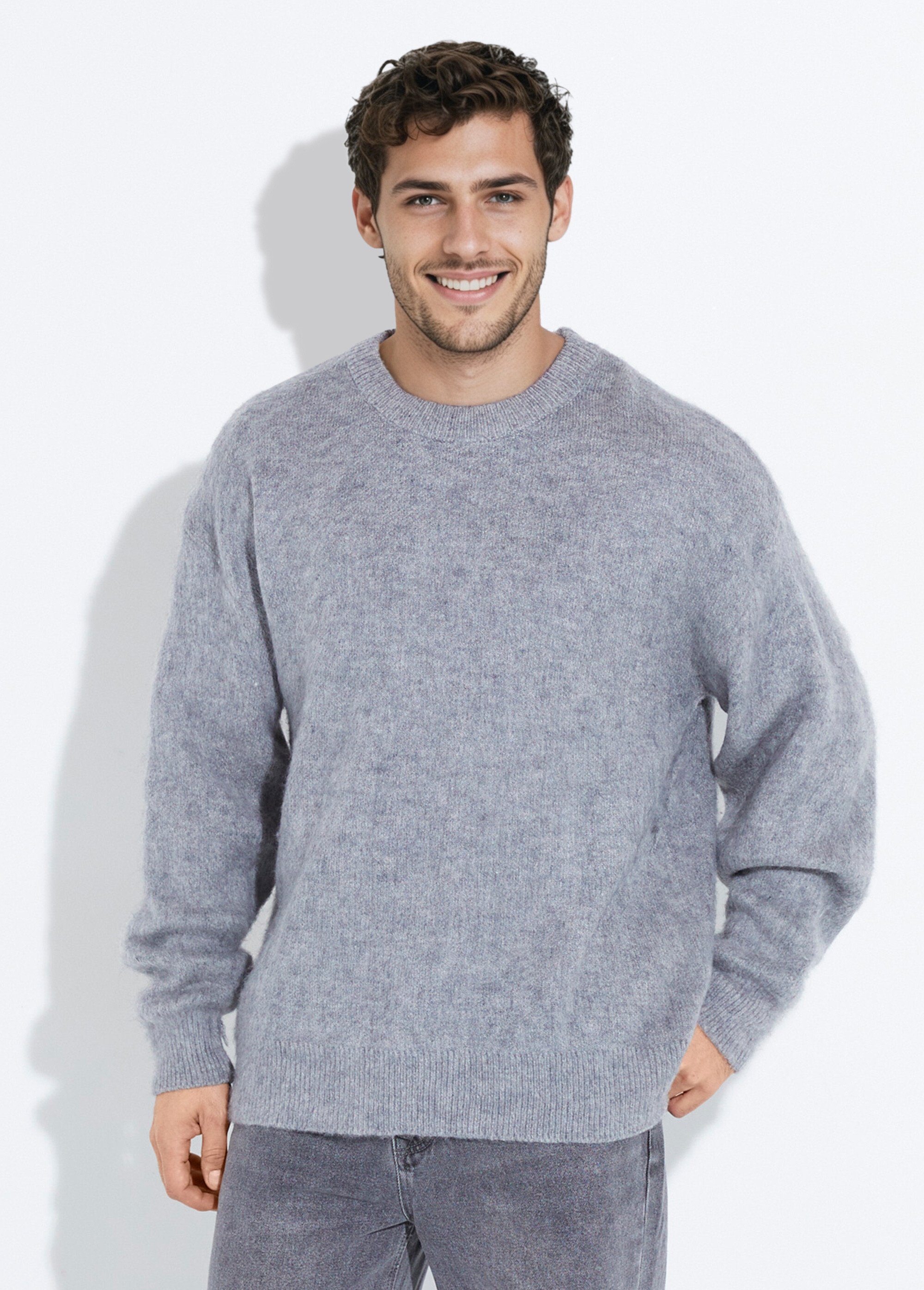 Pull épais chaud avec laine et col rond Homme Gris UNI6685 FA1