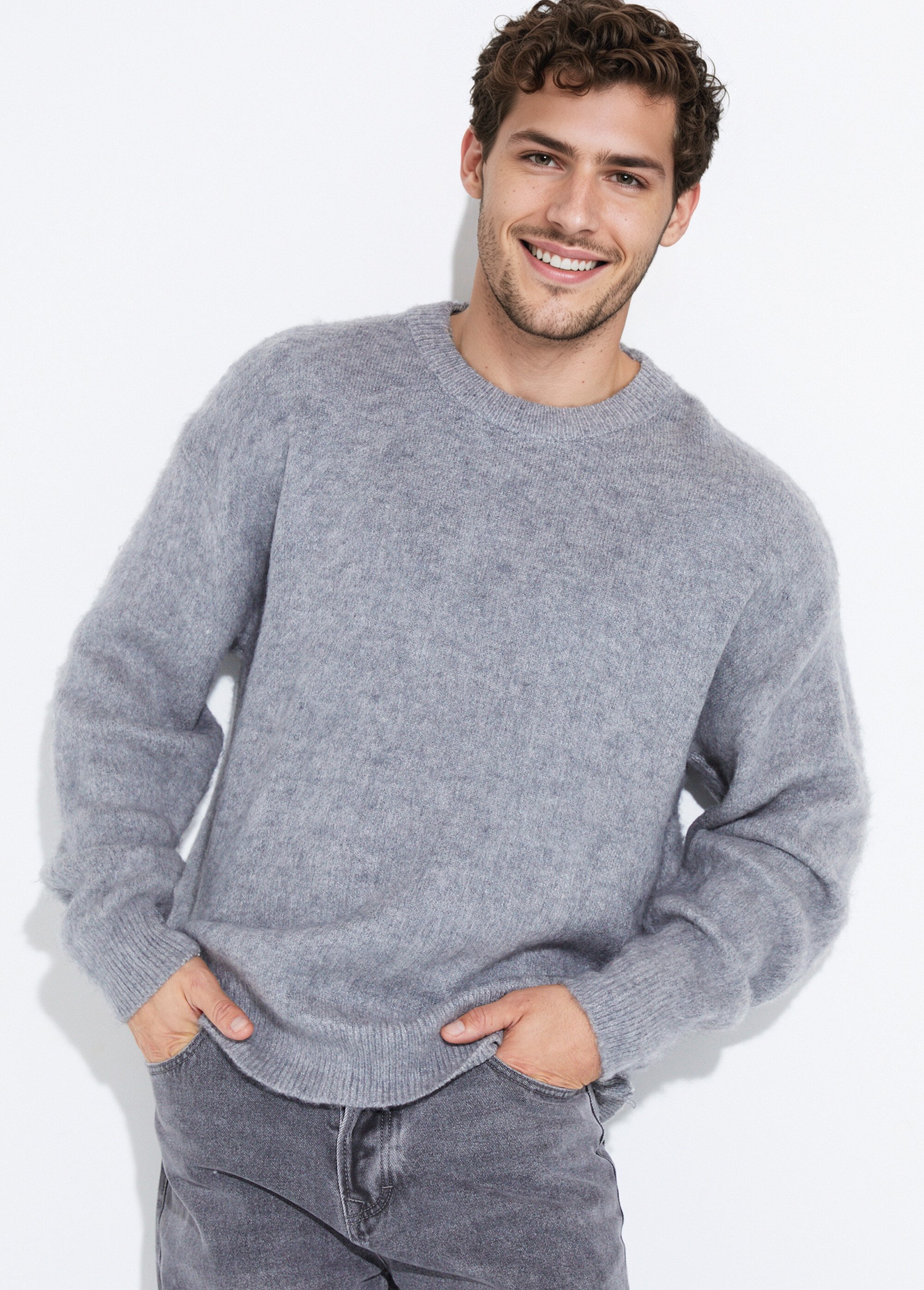 Pull épais chaud avec laine et col rond Homme Gris UNI6685 MV1