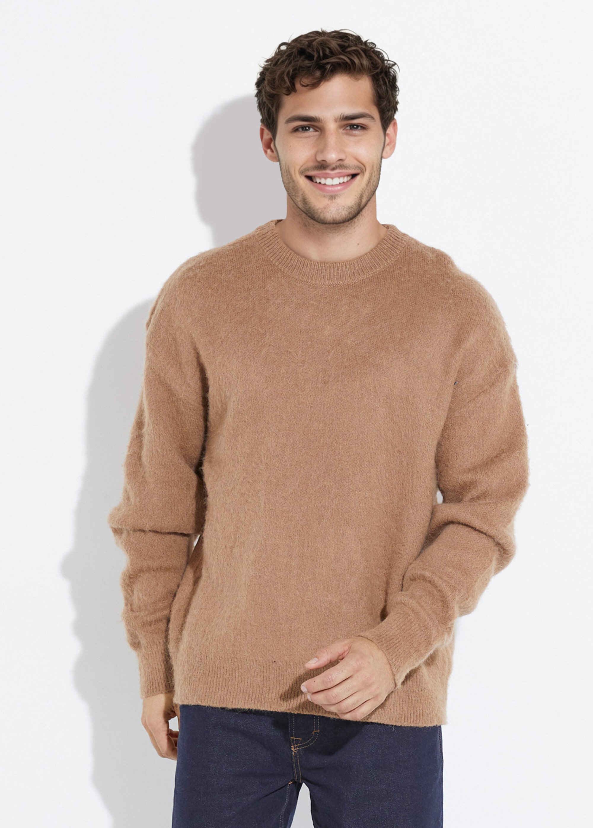 Pull épais chaud avec laine et col rond Homme Marron UNI6685 FA1
