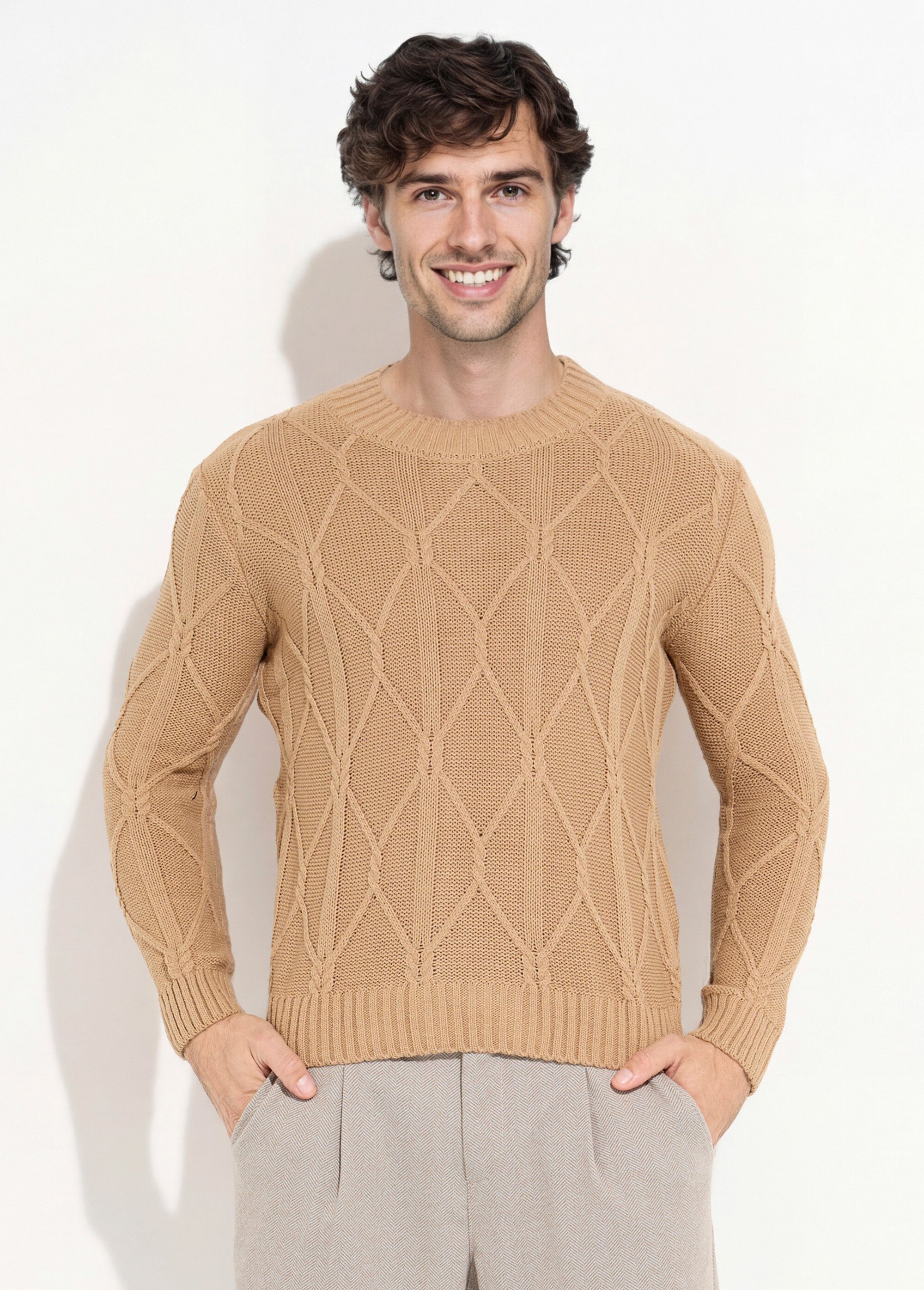Pull irlandais torsadé chaud avec laine Homme Marron DYL2124 FA1