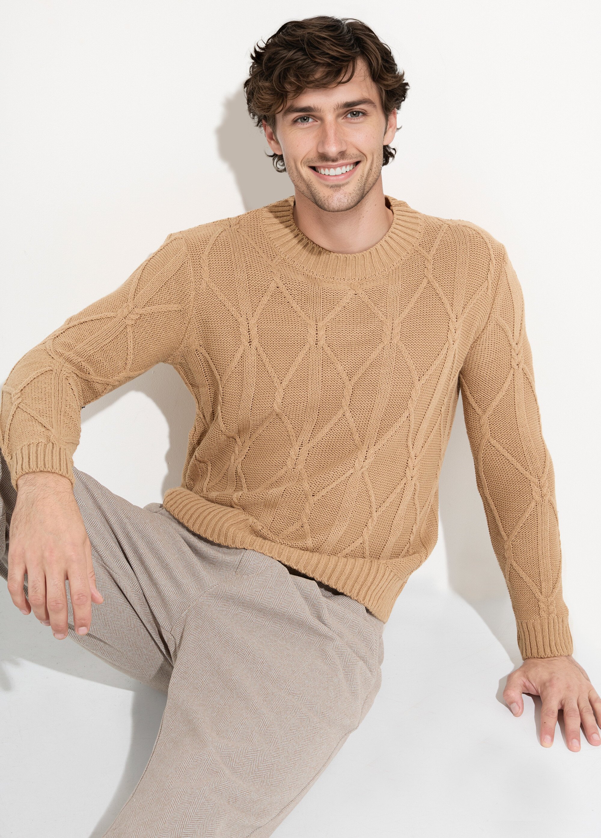 Pull irlandais torsadé chaud avec laine Homme Marron DYL2124 MV1